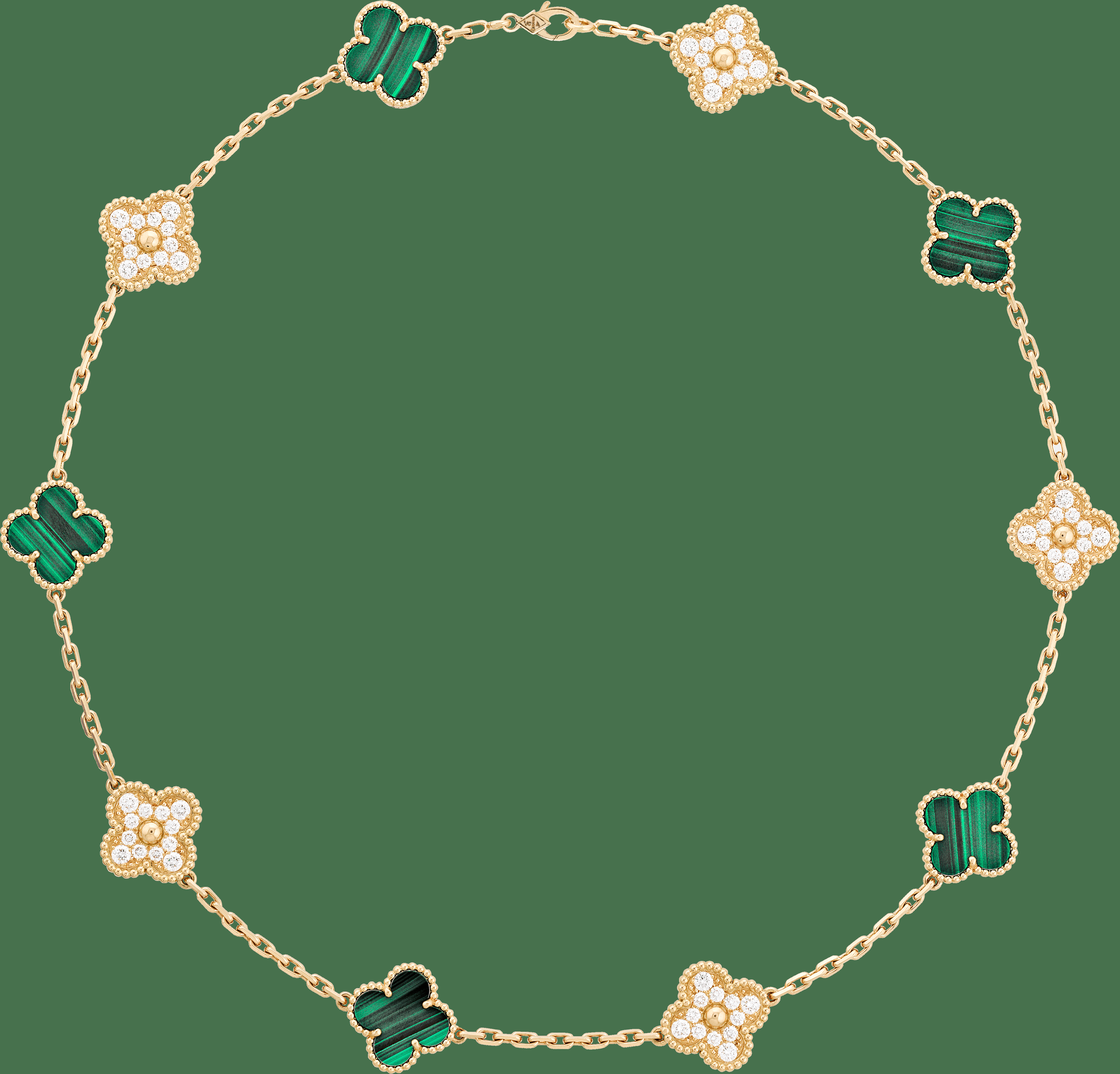 Колье Vintage Alhambra, 10 мотивов, желтое золото, малахит, бриллианты