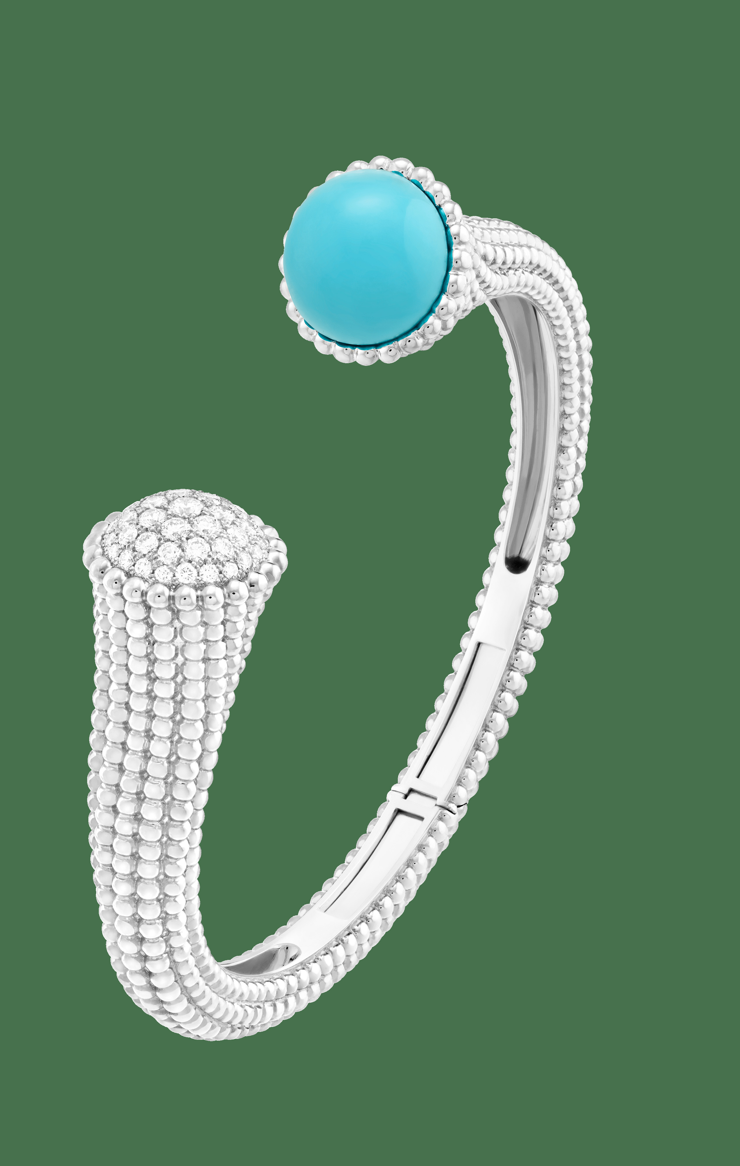 Браслет Perlée couleurs, белое золото, бирюза, бриллианты, модель среднего размера.