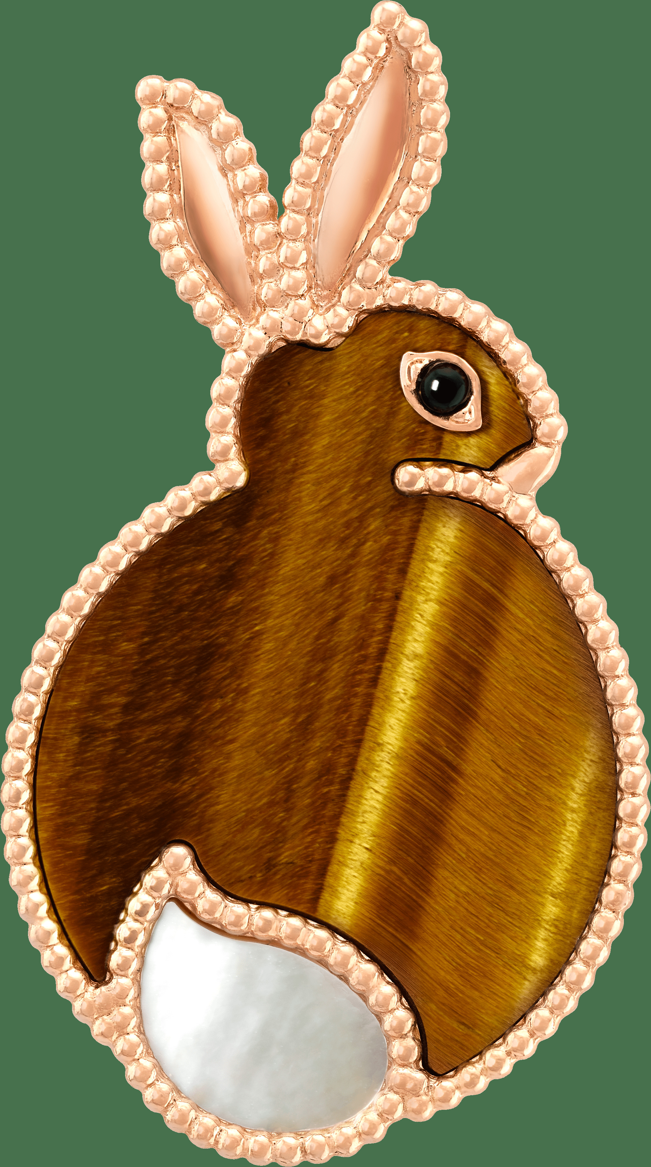 Брошь Lucky Animals Rabbit, розовое золото, тигровый глаз, перламутр, оникс.