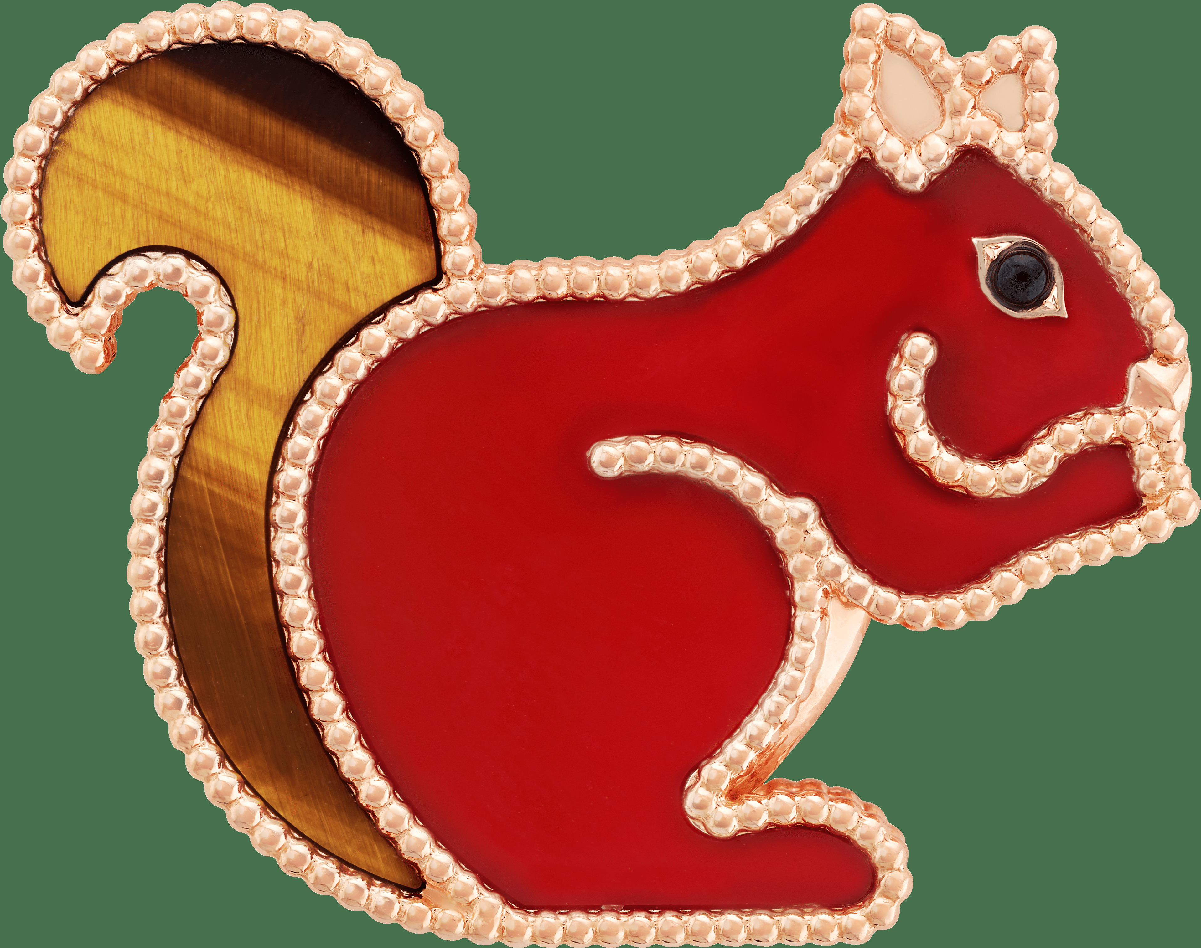 Брошь Lucky Animals Squirrel, розовое золото, сердолик, тигровый глаз, оникс.