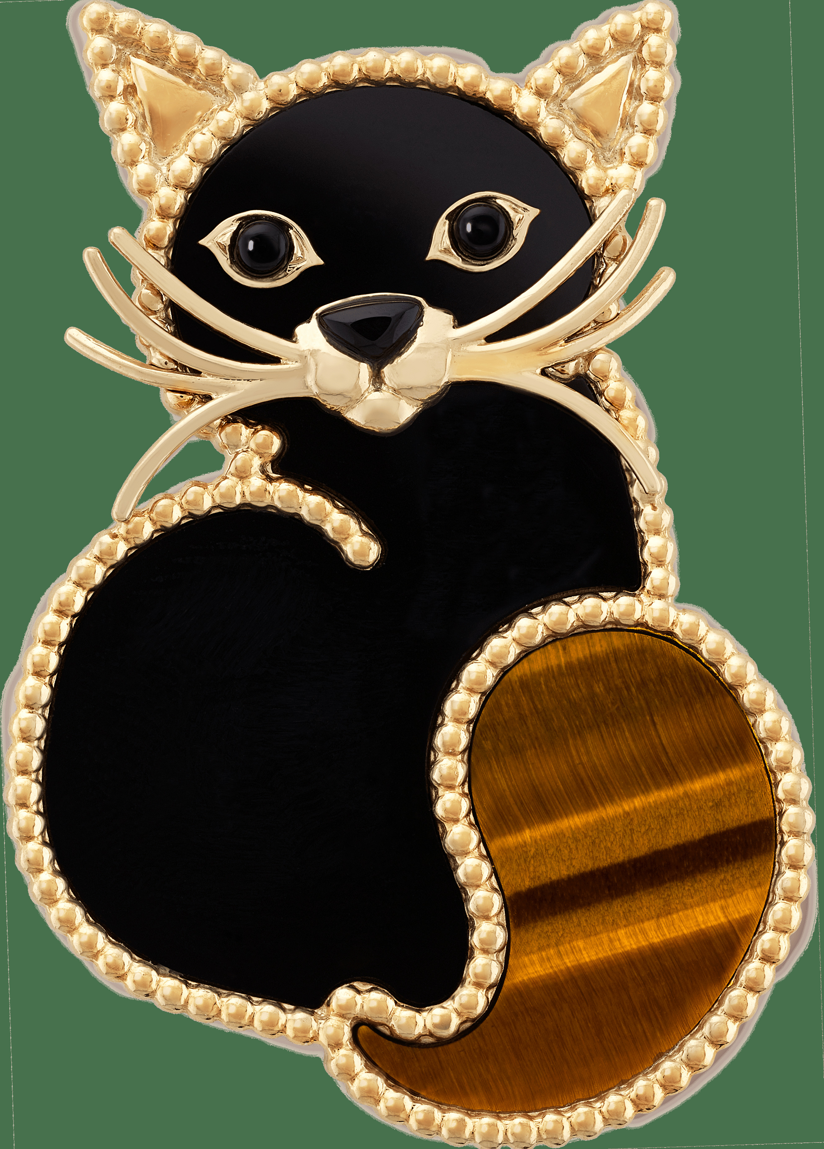 Брошь Lucky Animals Cat, желтое золото, оникс, тигровый глаз.