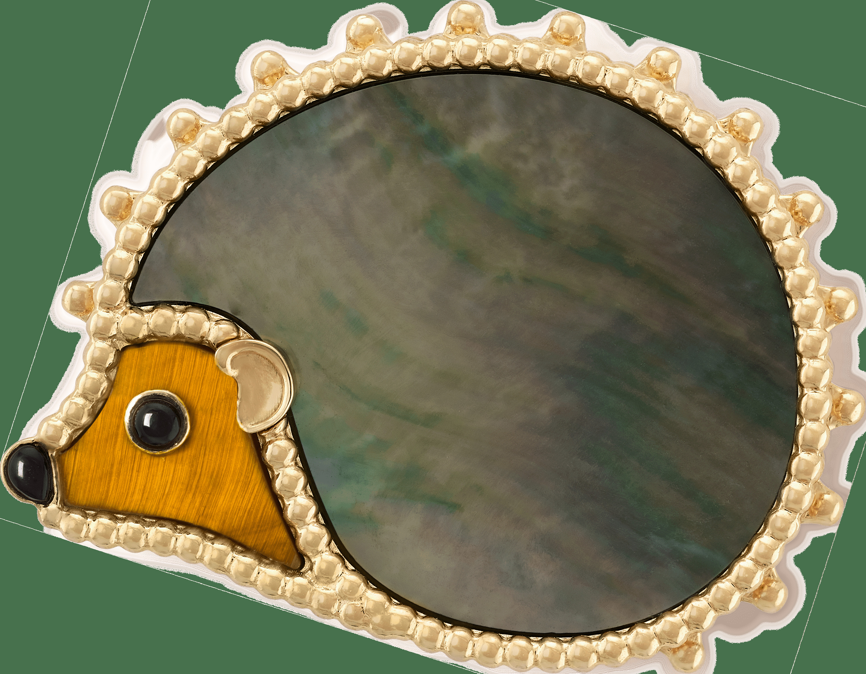 Брошь Lucky Animals Hedgehog, желтое золото, перламутр, тигровый глаз, оникс.