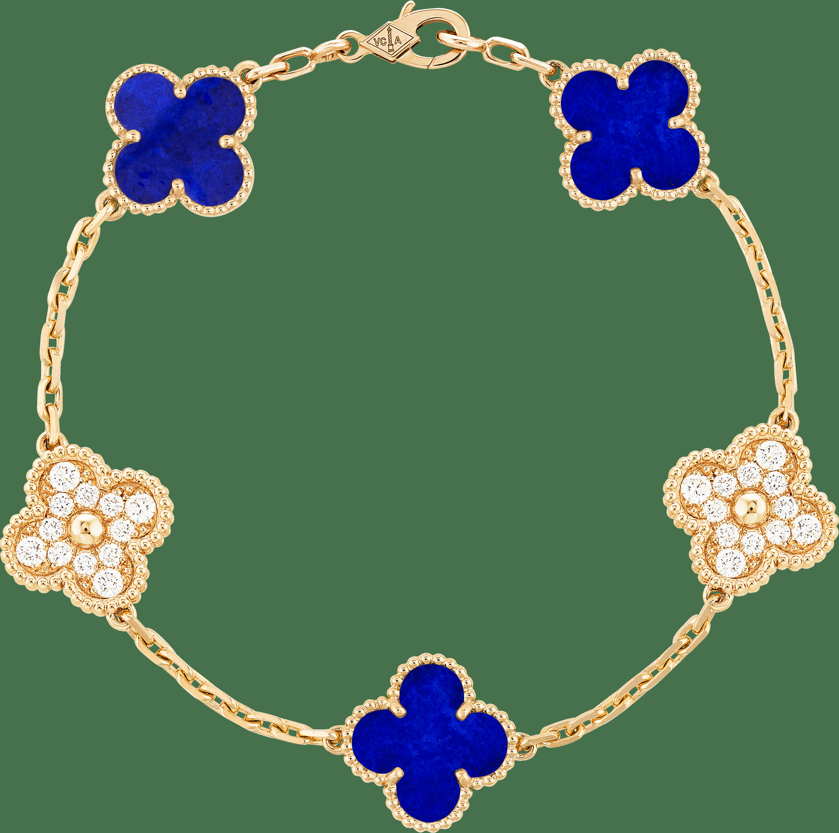 Браслет Vintage Alhambra, 5 мотивов, желтое золото, лазурит, бриллианты.