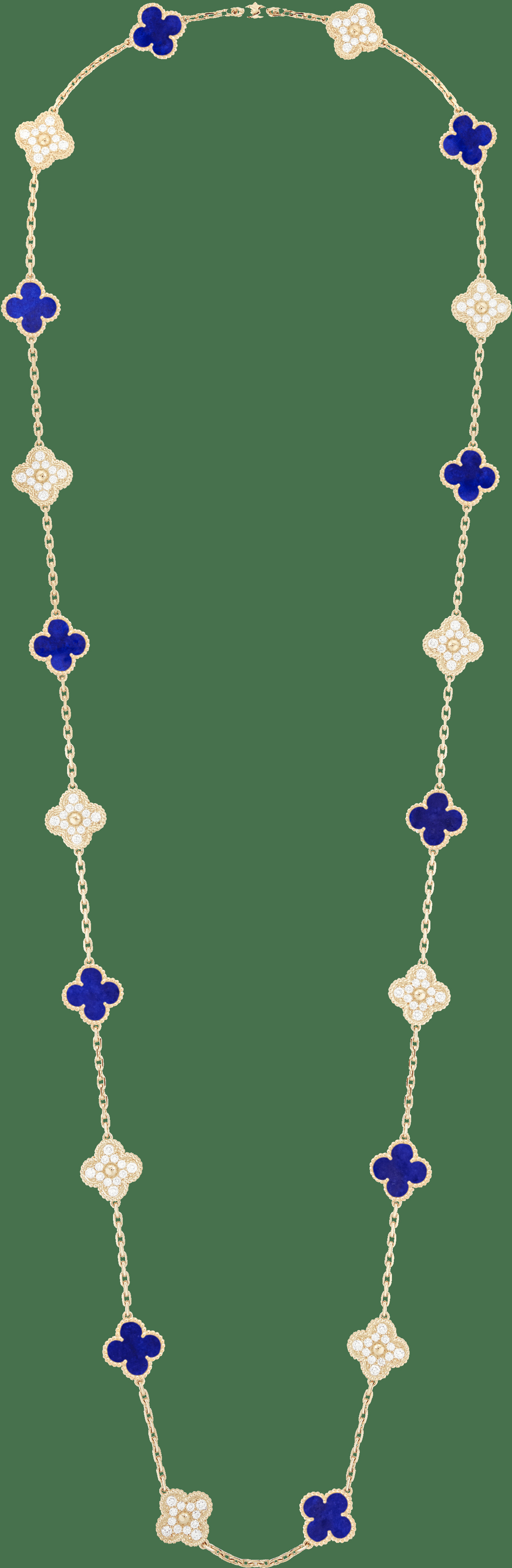 Длинное колье Vintage Alhambra, 20 мотивов, желтое золото, лазурит, бриллианты.
