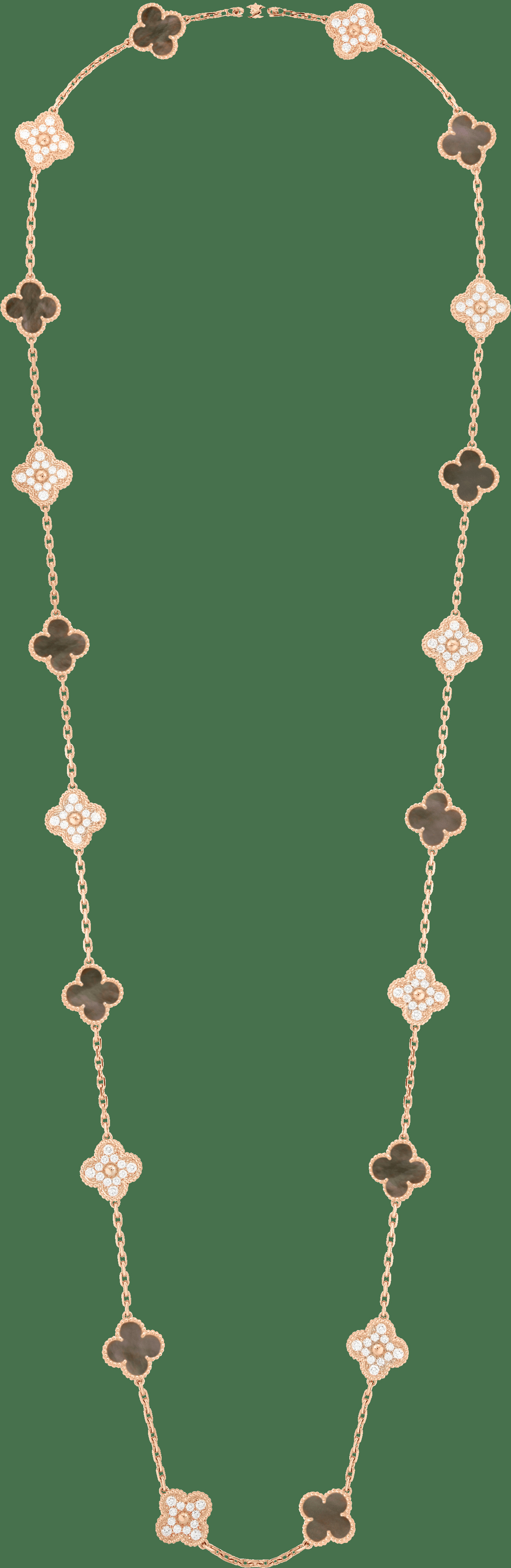 Длинное колье Vintage Alhambra, 20 мотивов, розовое золото, серый перламутр, бриллианты.