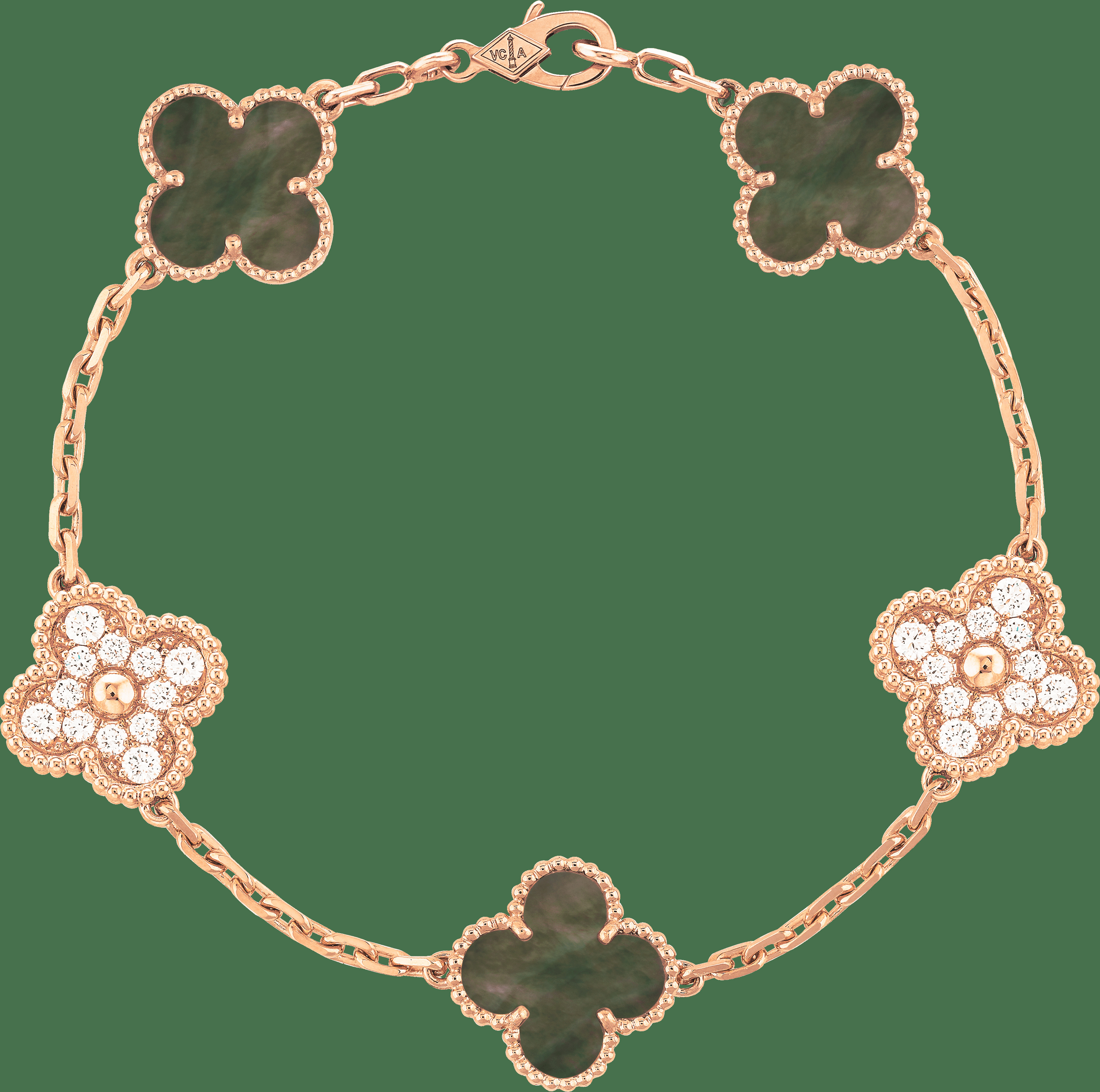 Браслет Vintage Alhambra, 5 мотивов, розовое золото, серый перламутр, бриллианты.