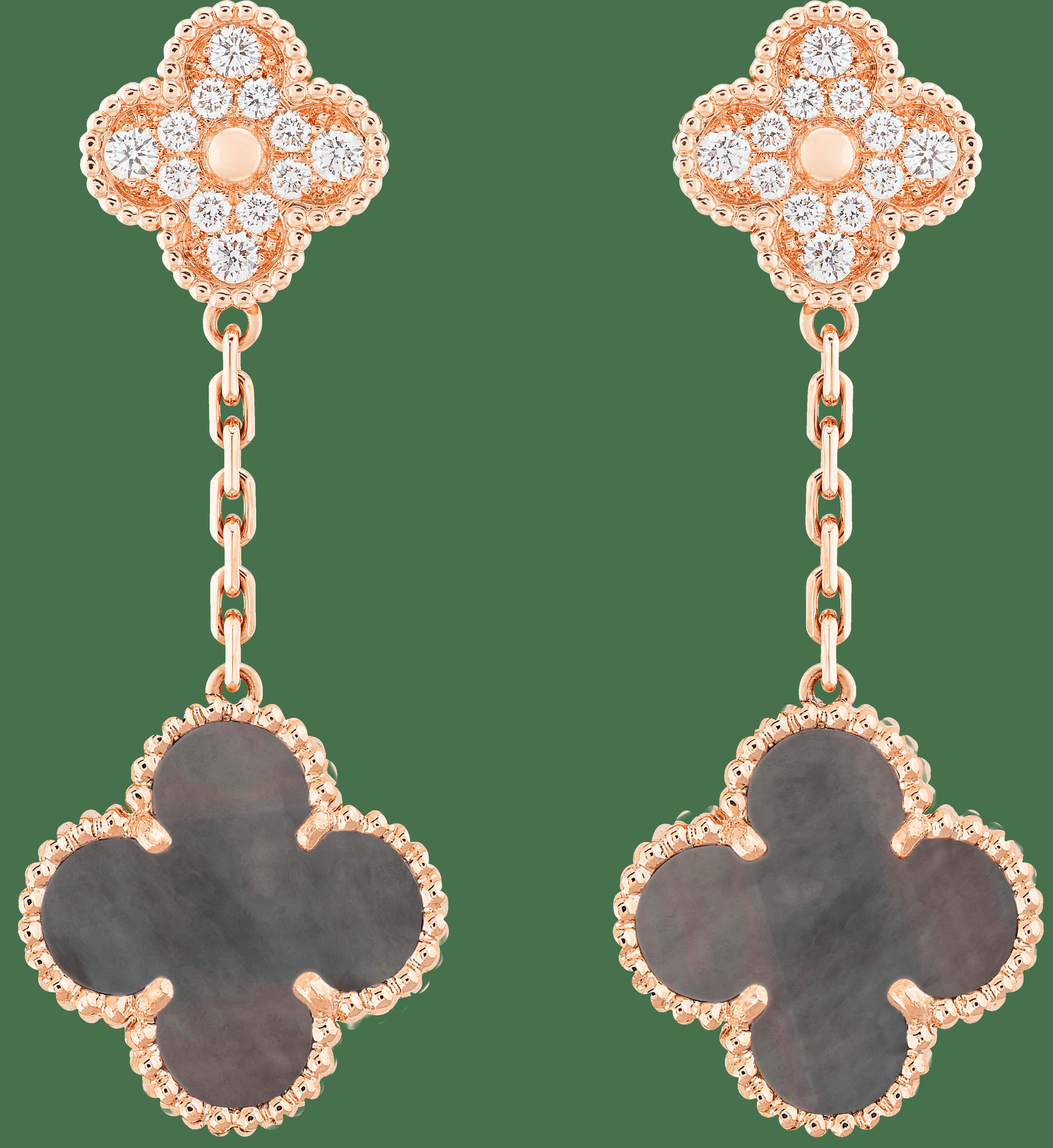 Серьги Magic Alhambra, 2 мотива, розовое золото, серый перламутр, бриллианты.