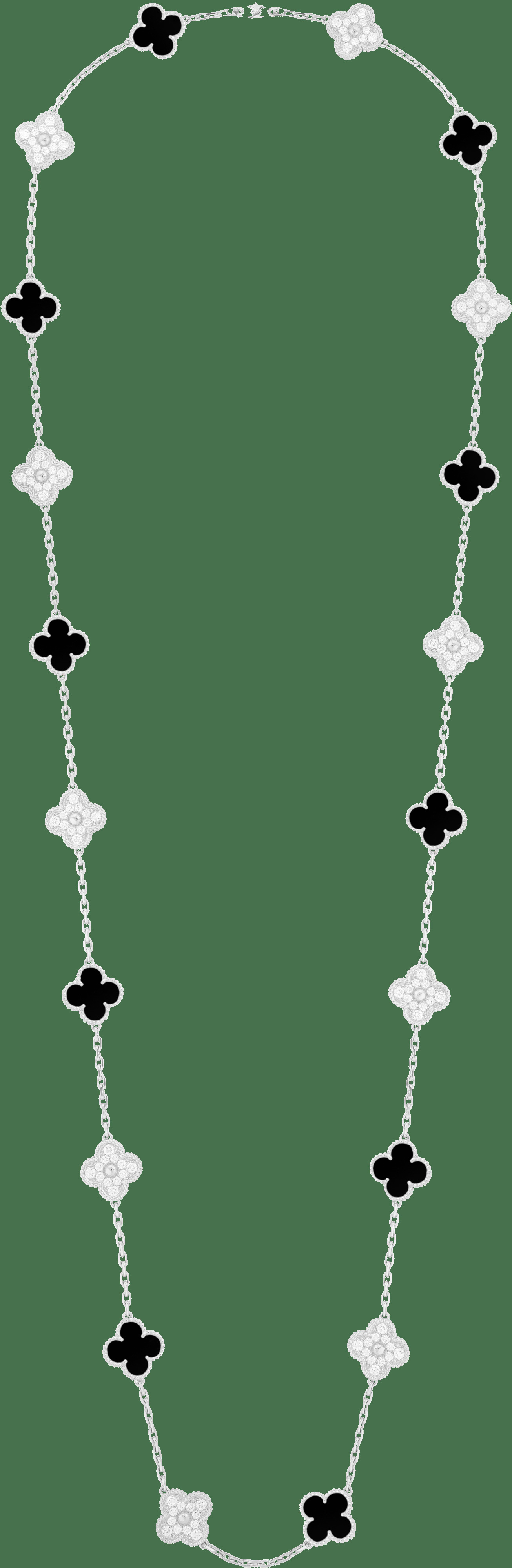 Длинное колье Vintage Alhambra, 20 мотивов, белое золото, оникс, бриллианты.