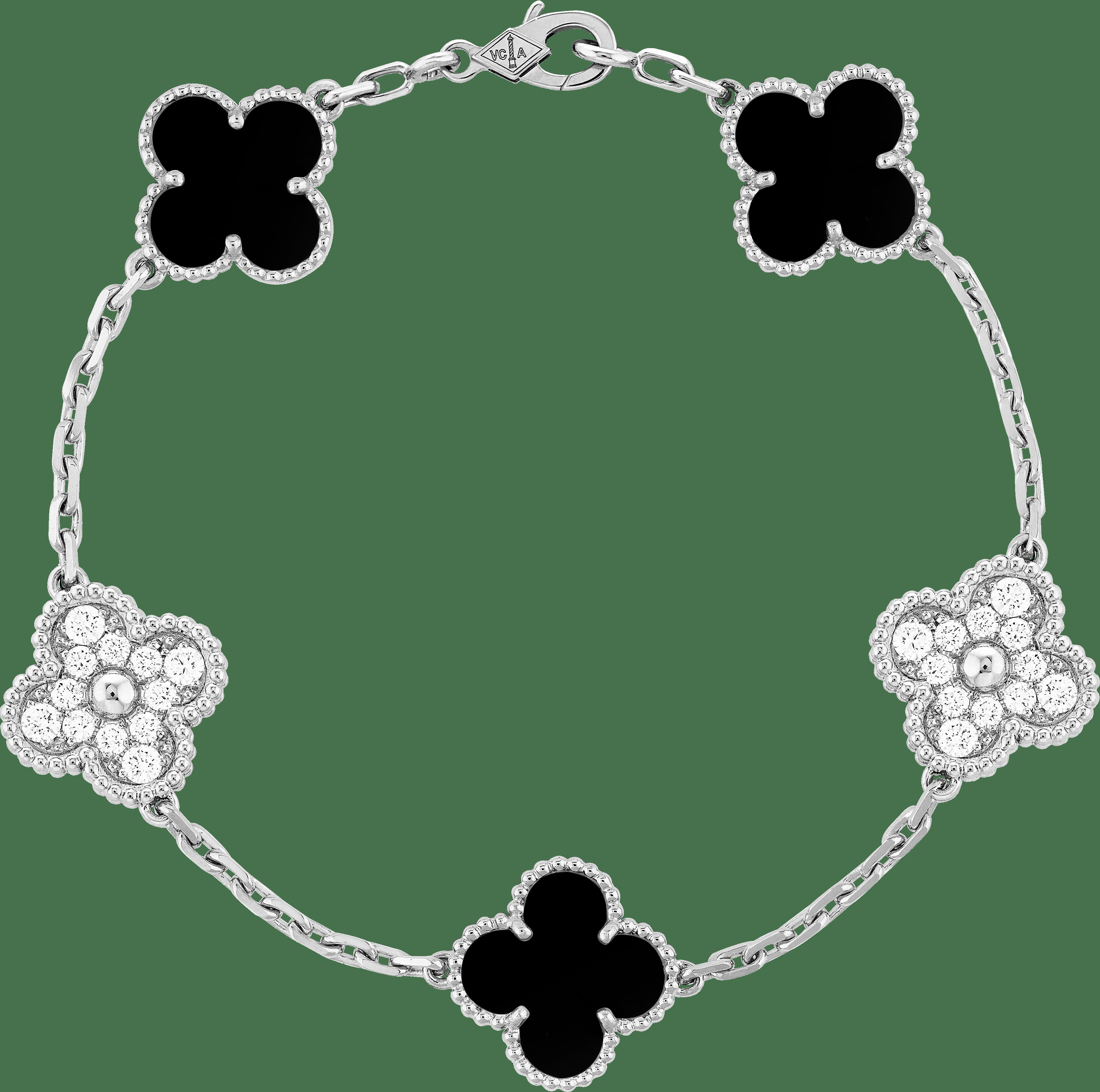 Браслет Vintage Alhambra, 5 мотивов, белое золото, оникс, бриллианты.