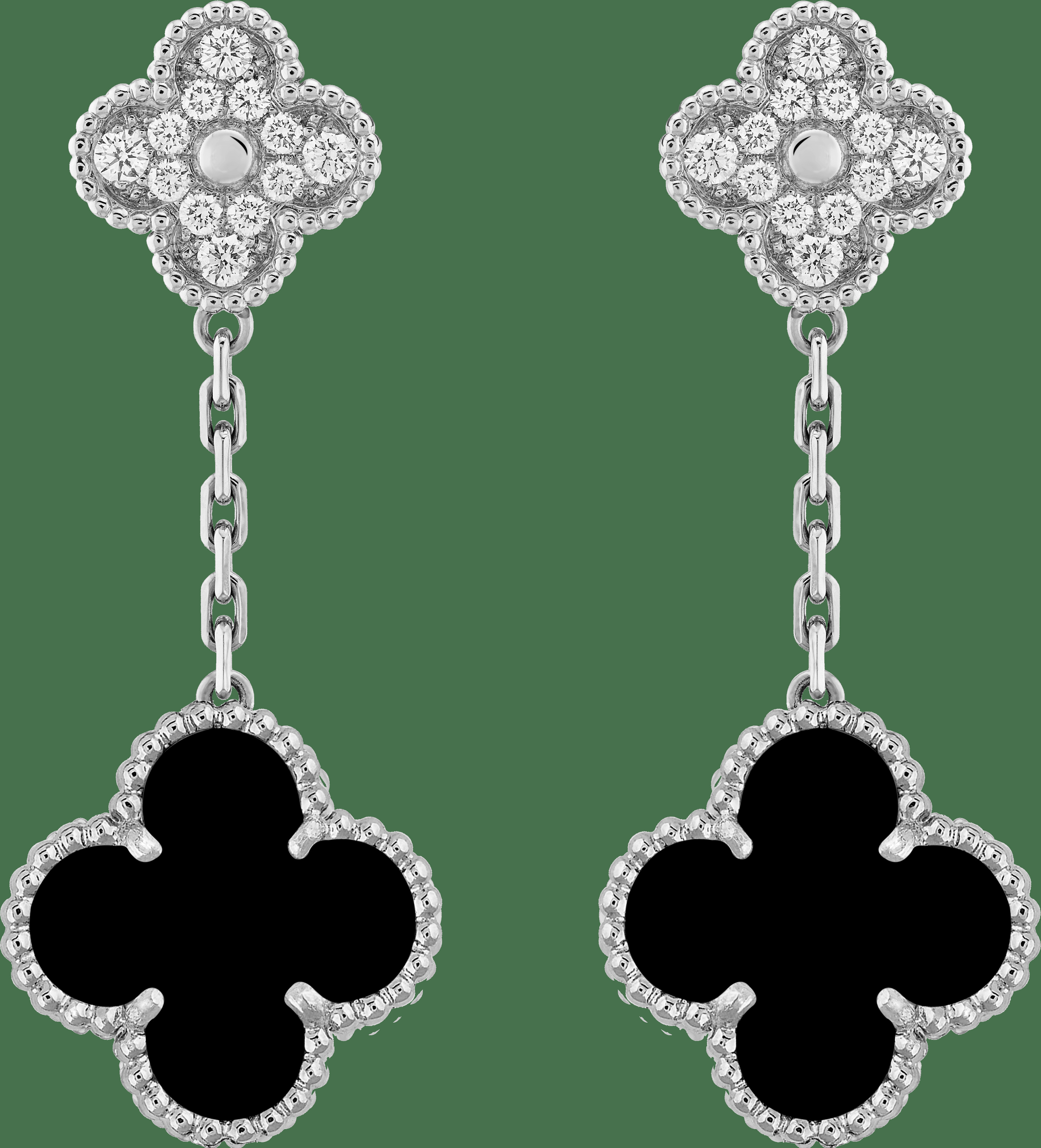 Серьги Magic Alhambra, 2 мотива, белое золото, оникс, бриллианты круглой огранки