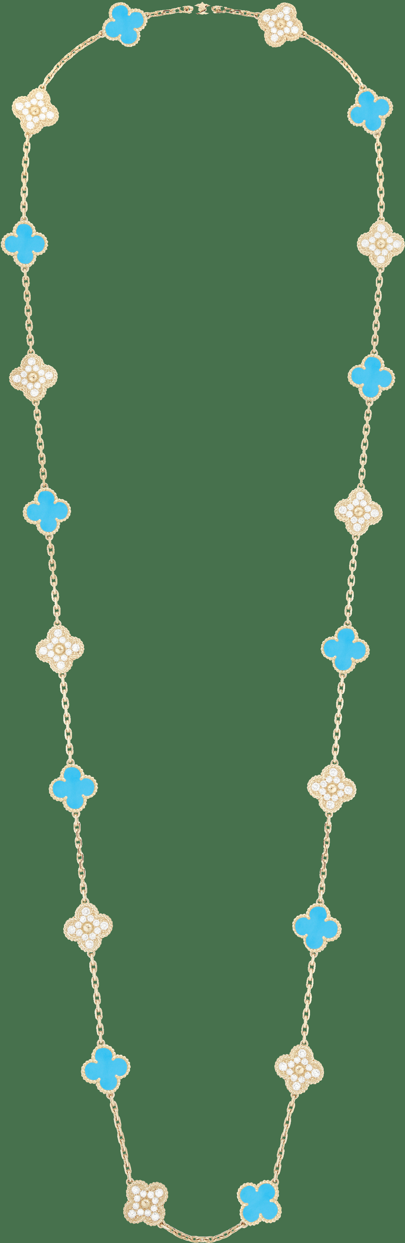 Длинное колье Vintage Alhambra, 20 мотивов, желтое золото, бирюза, бриллианты.
