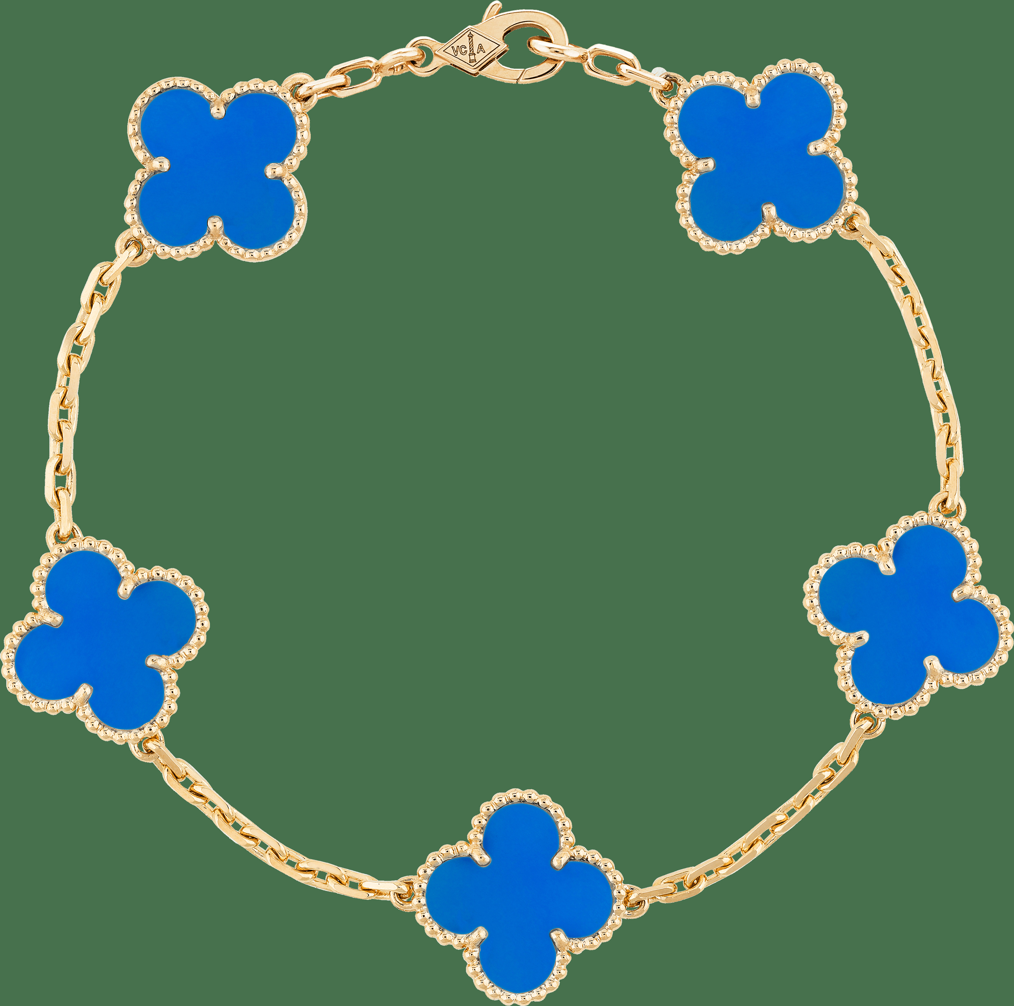 Браслет Vintage Alhambra, 5 мотивов, желтое золото, голубой агат