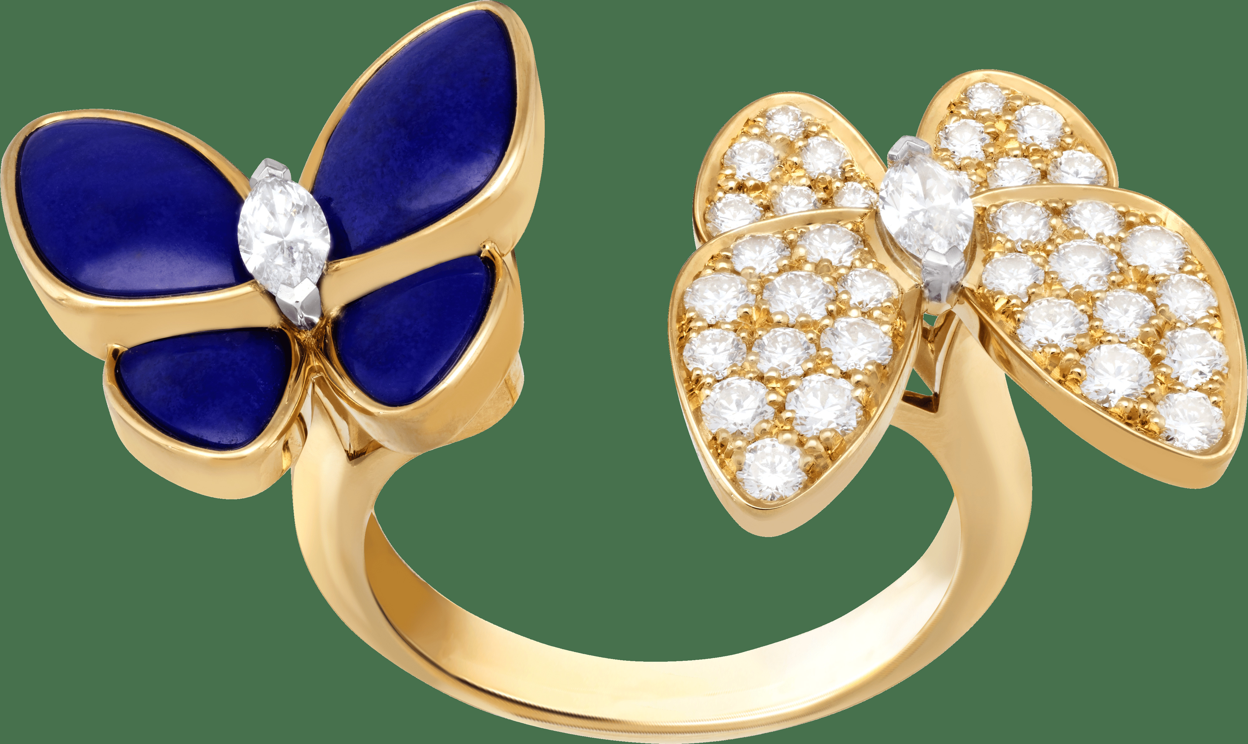 Кольцо на два пальца Two Butterfly, желтое и белое золото, лазурит, бриллианты