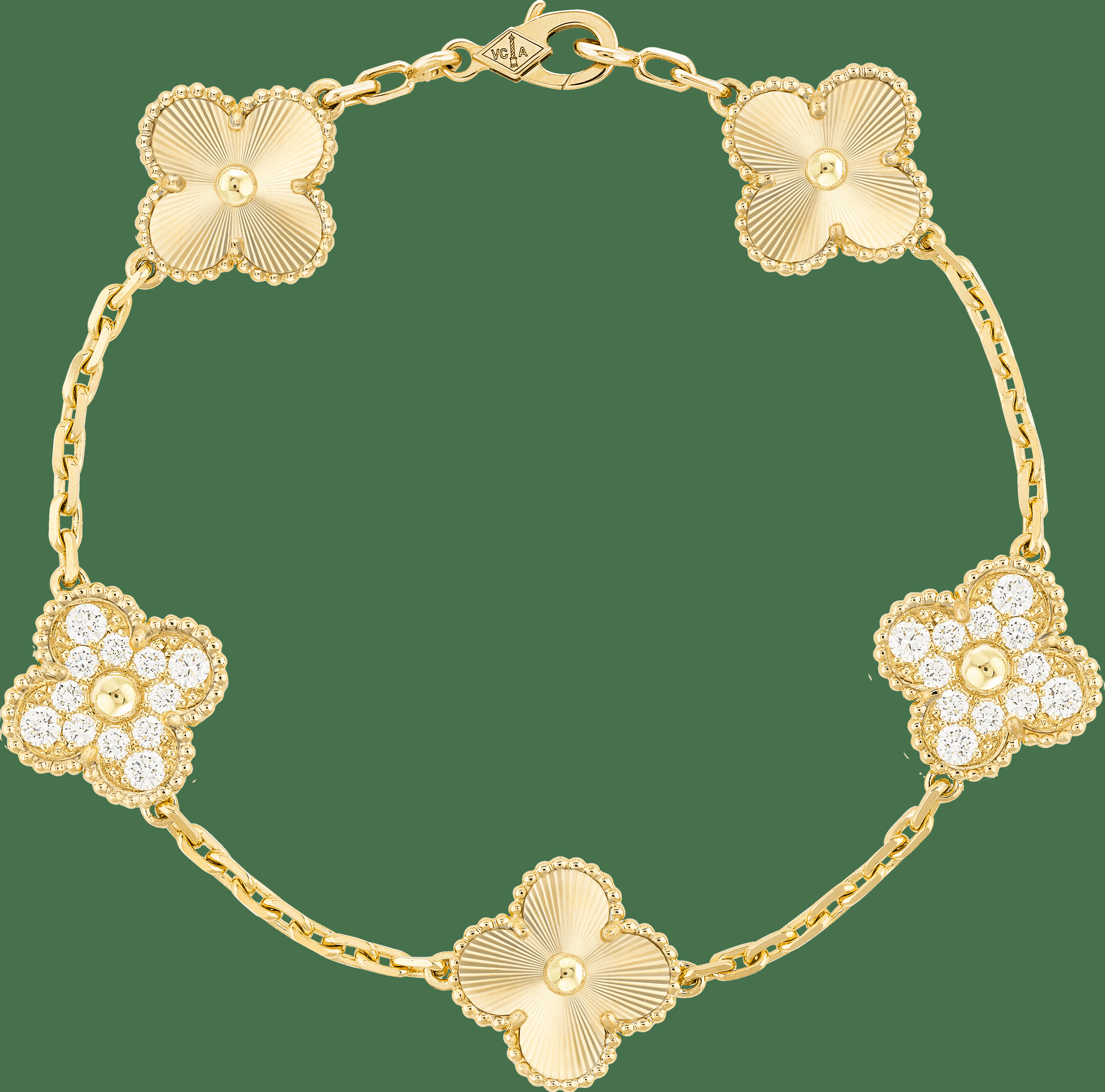 Браслет Vintage Alhambra, 5 мотивов, гильошированное желтое золото, бриллианты