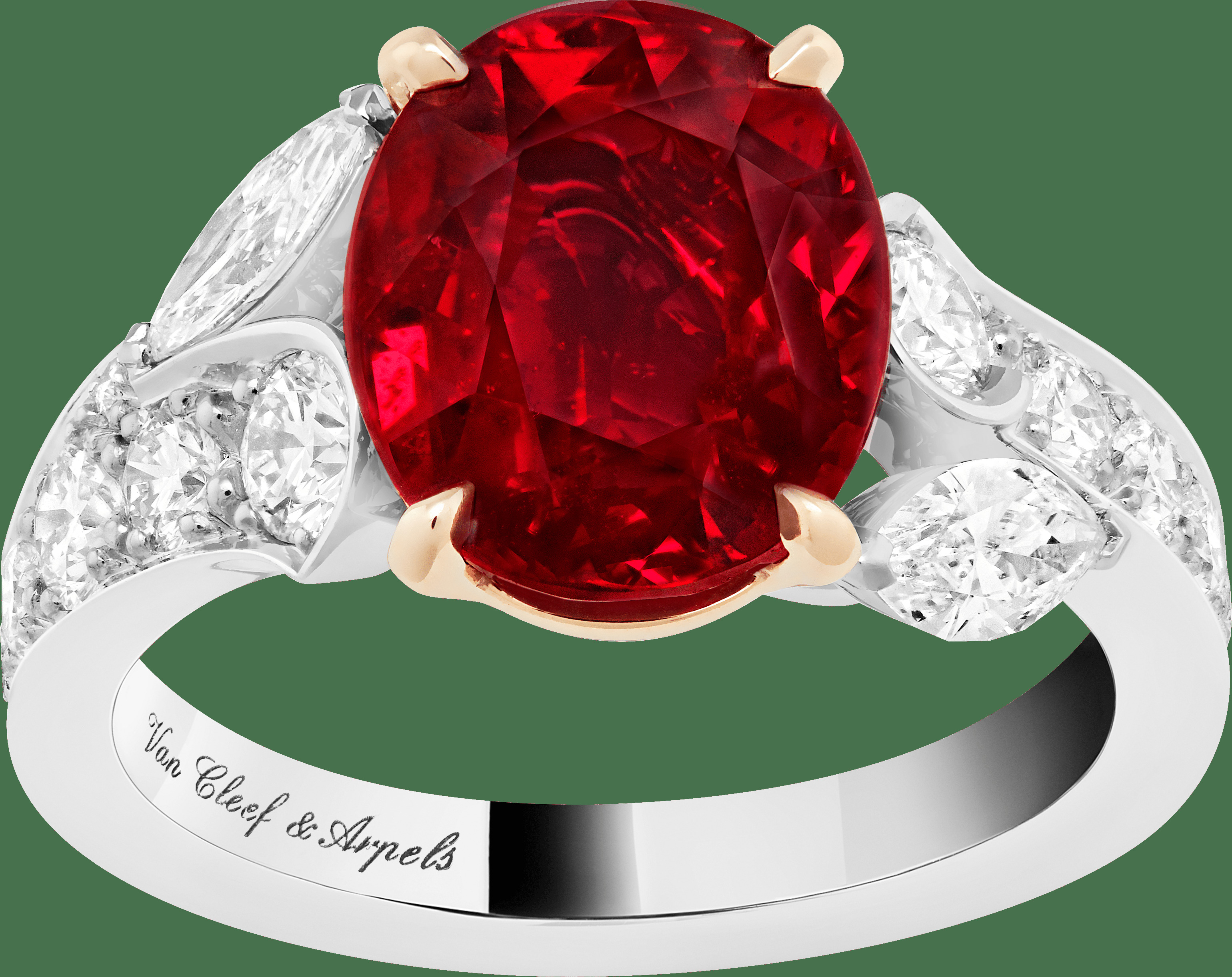 Кольцо-солитер Jasmin, платина, розовое золото, бриллианты круглой огранки и огранки «маркиза», рубин огранки «кушон» 5,19 карата