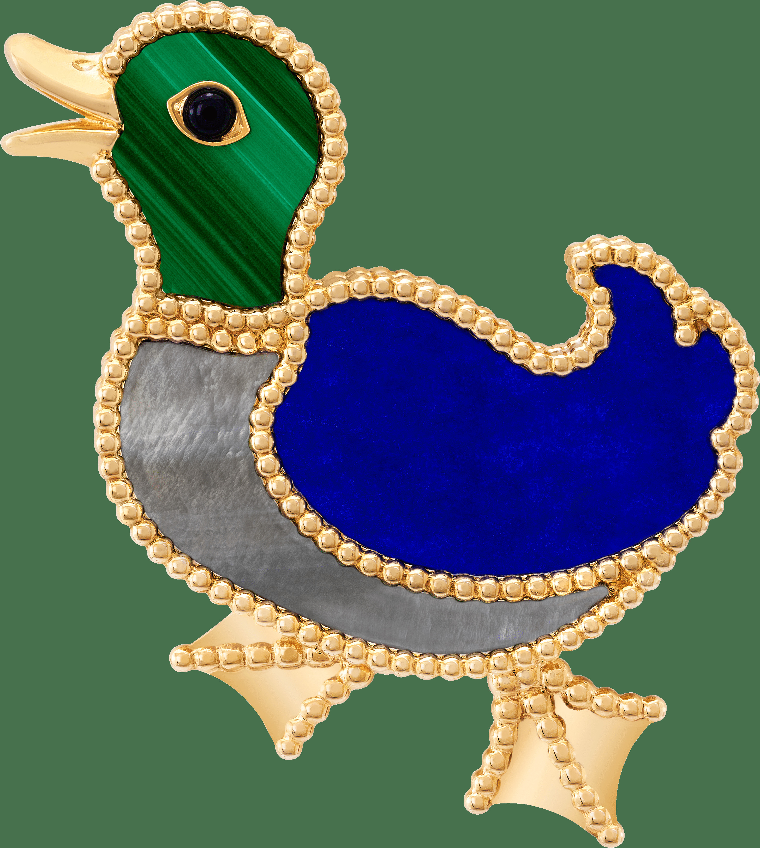 Брошь Lucky Animals Duck, желтое золото, лазурит, перламутр, малахит, оникс.