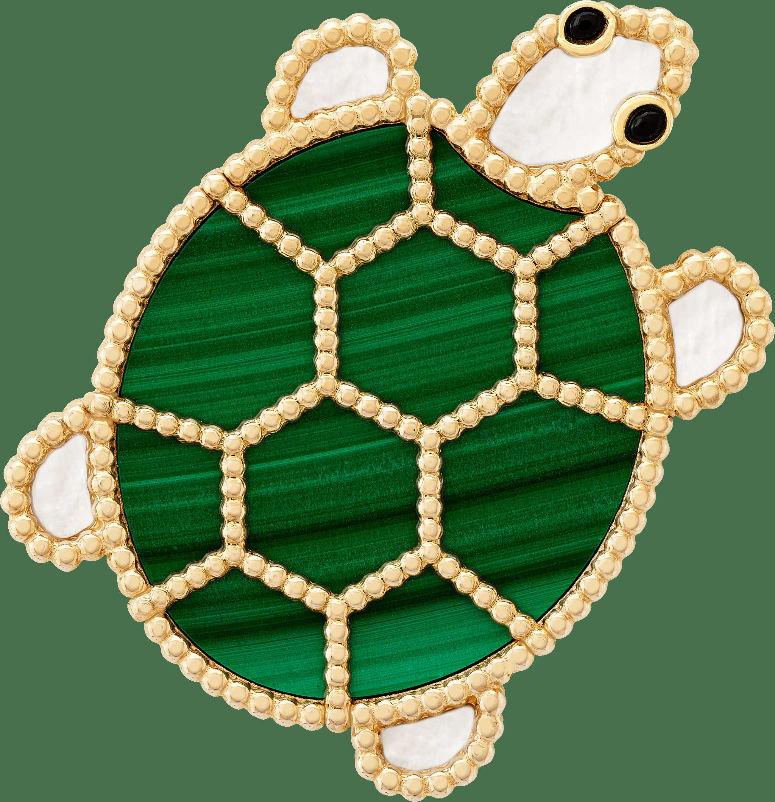 Брошь Lucky Animals Turtle, желтое золото, малахит, перламутр, оникс.