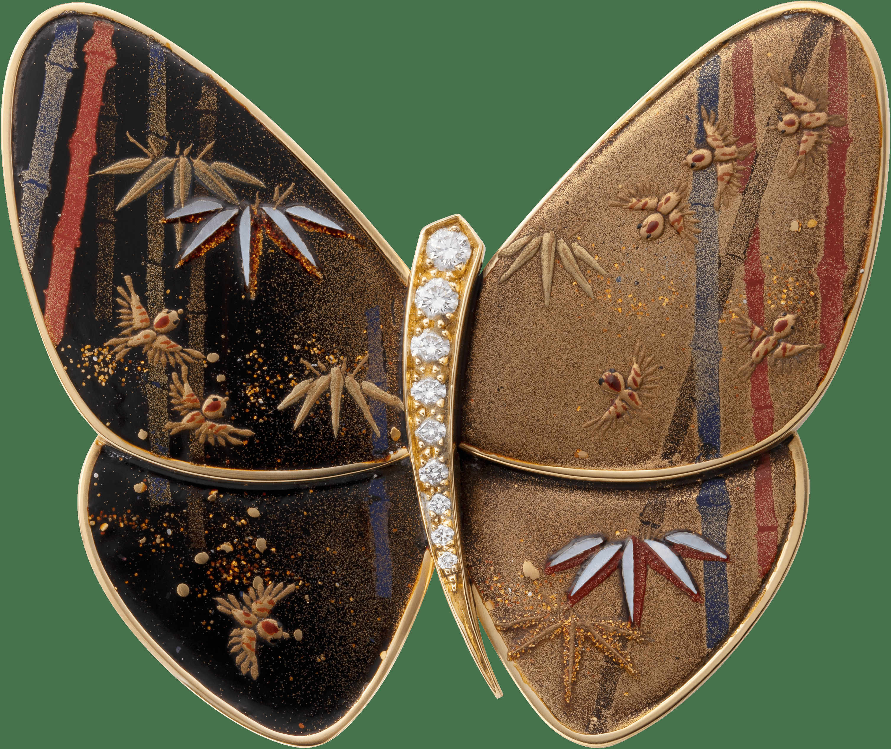 Лакированная брошь-бабочка Chikurin and Suzume AB, желтое золото, белый перламутр, бриллианты