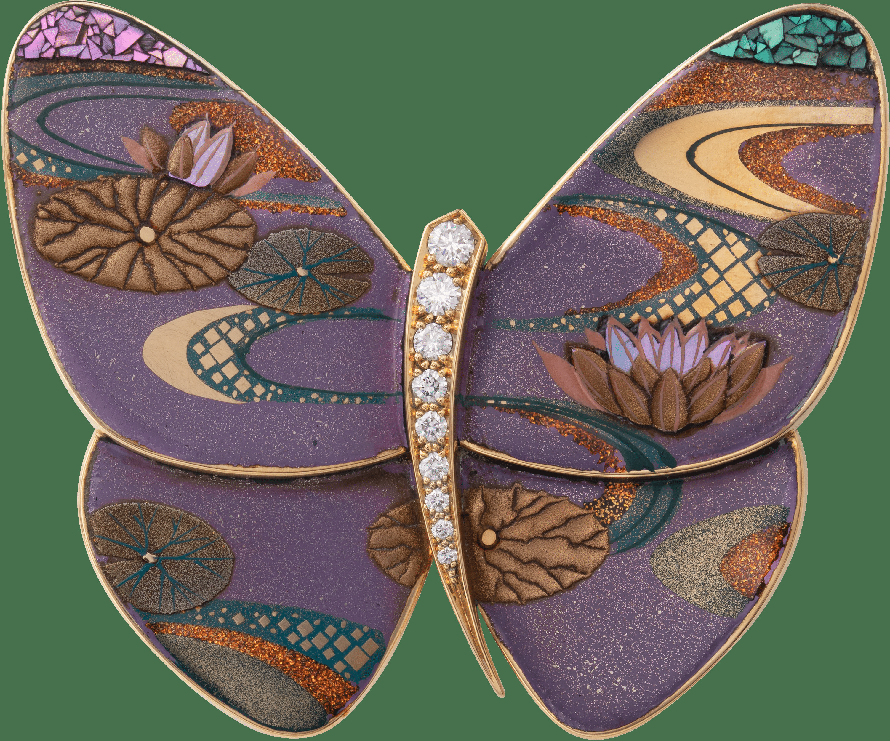 Лакированная брошь-бабочка Hasu и Mizu AD, желтое золото, белый перламутр, бриллианты