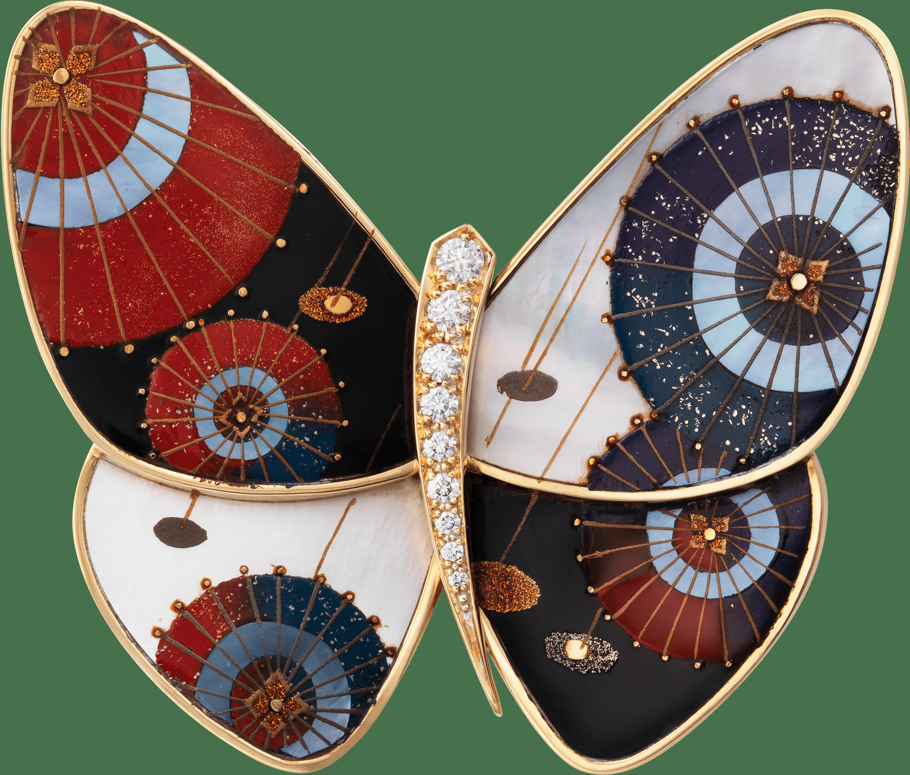 Лакированная брошь-бабочка Janomegasa AE, желтое золото, белый перламутр, бриллианты