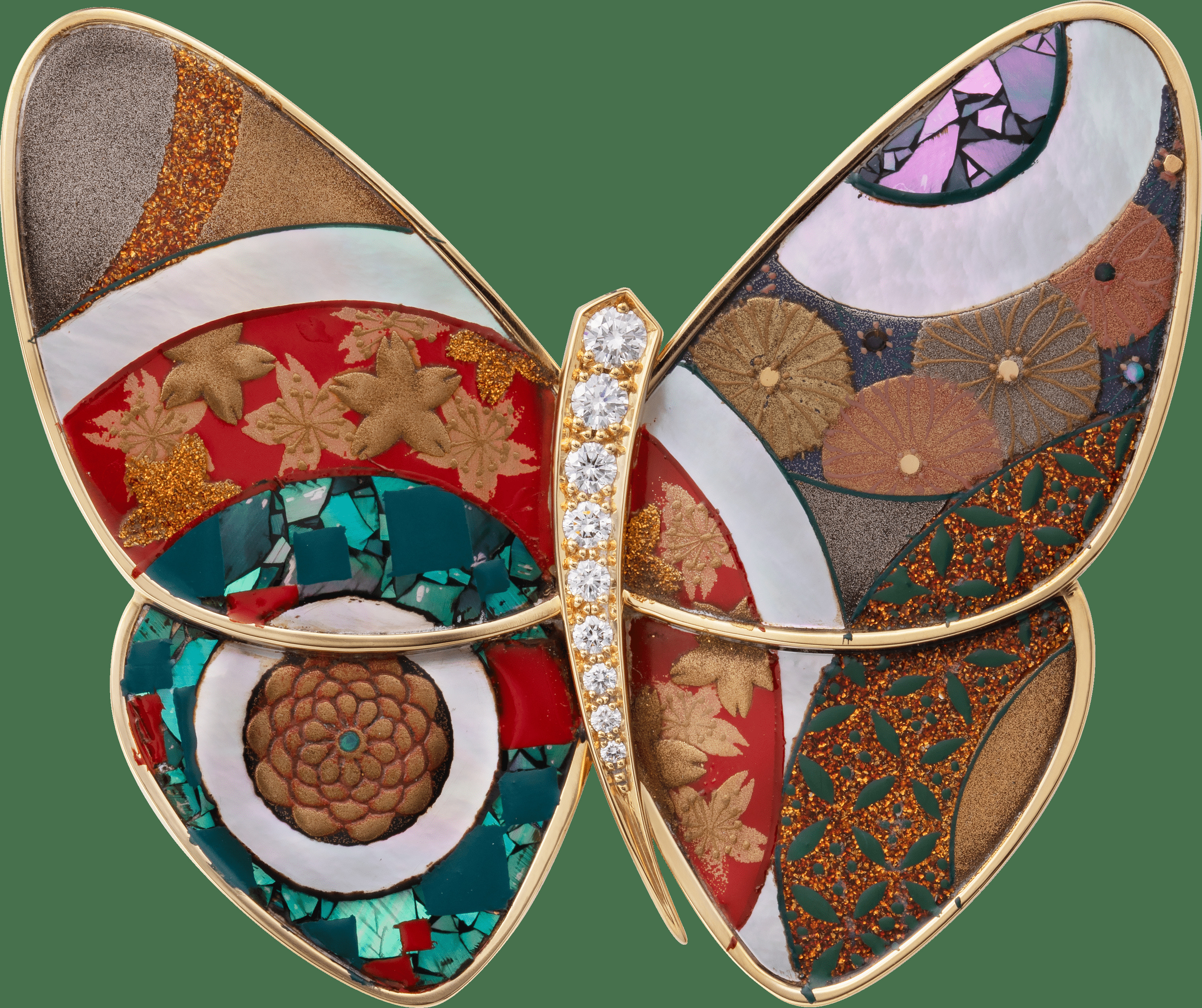 Лакированная брошь-бабочка Hananomaru AF, желтое золото, белый перламутр, бриллианты