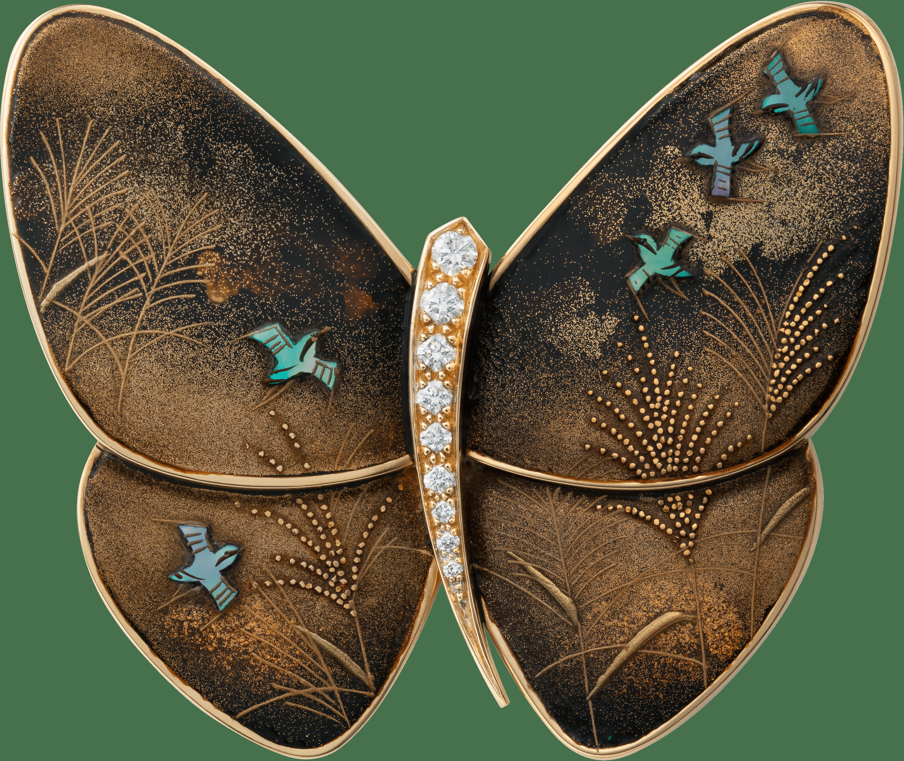 Лакированная брошь-бабочка Susuki и Chidori AG, желтое золото, белый перламутр, бриллианты