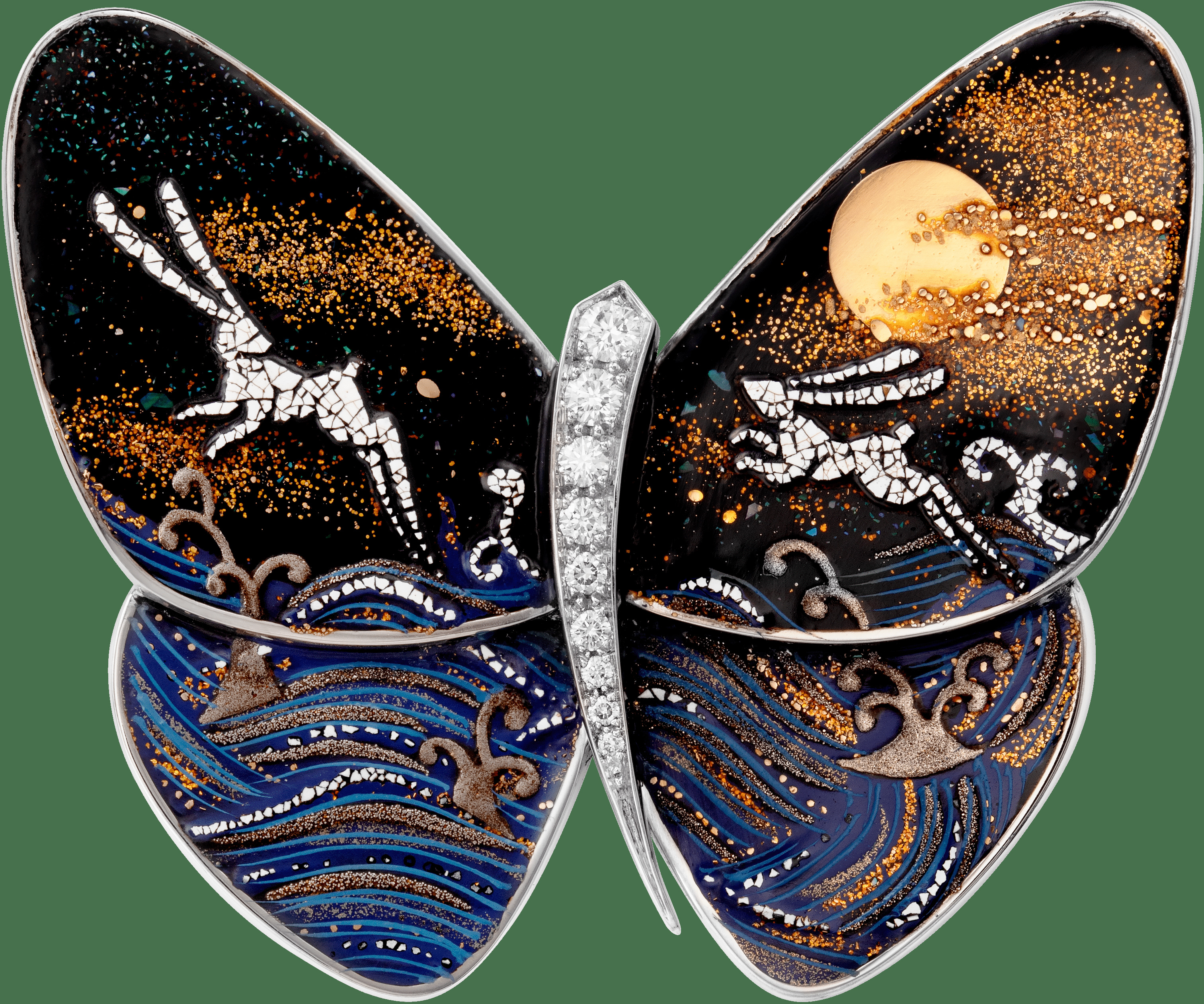 Лакированная брошь-бабочка Tobiusagi Y, белое золото, серый перламутр, бриллианты