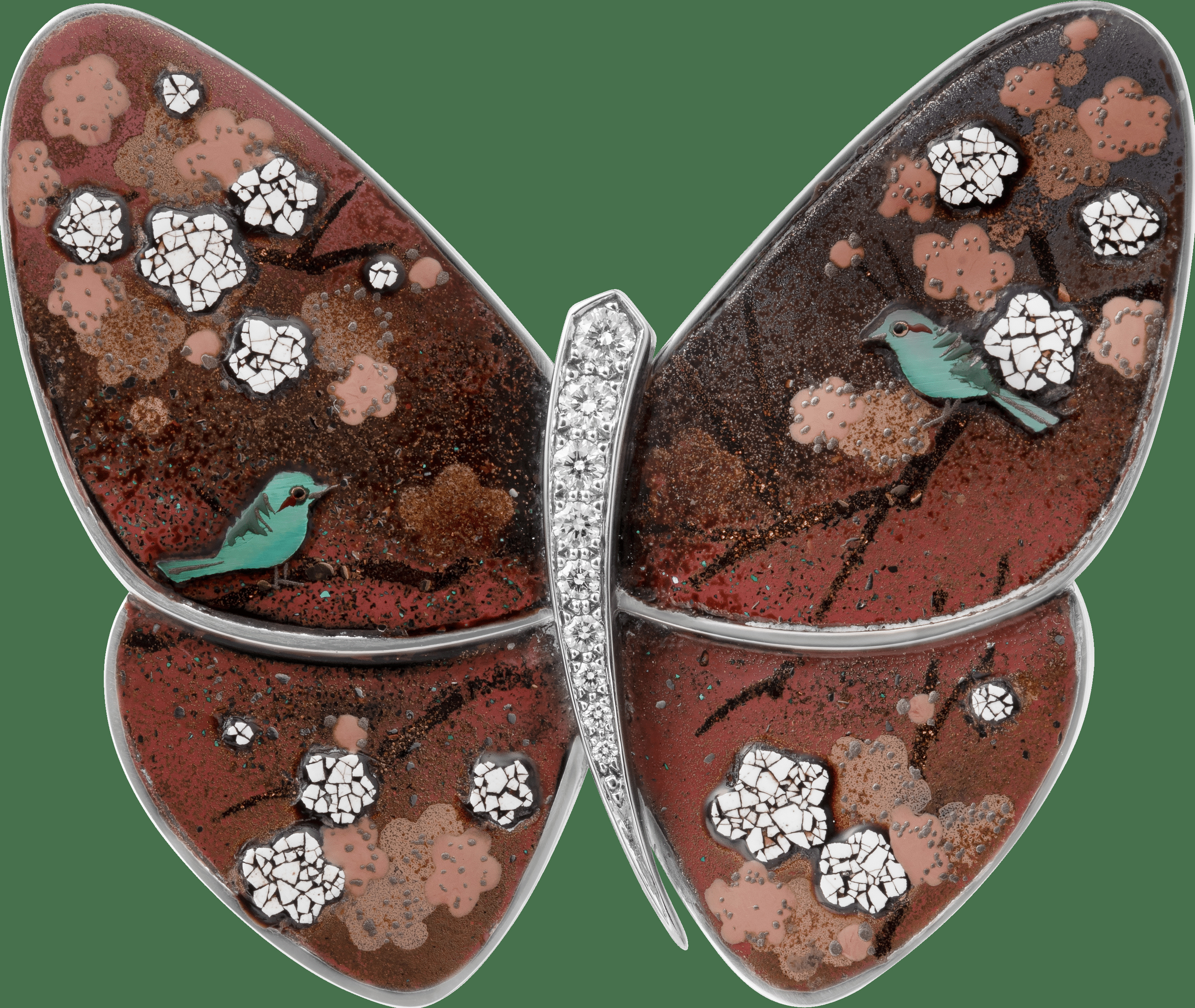 Лакированная брошь-бабочка Ume Q and Uguisu Z, белое золото, серый перламутр, бриллианты