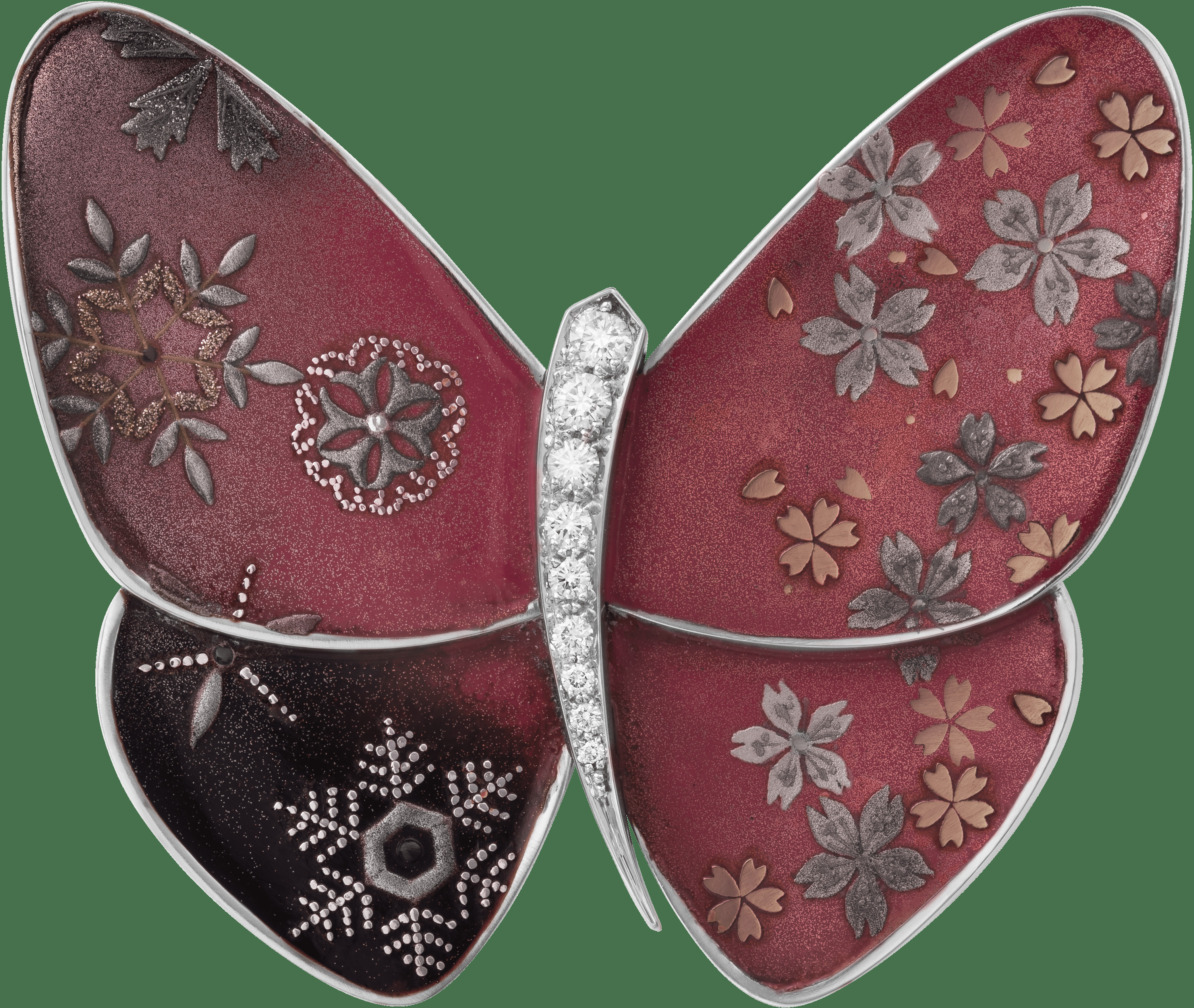 Лакированная брошь-бабочка Sakura and Sekka AH, белое золото, серый перламутр, бриллианты.