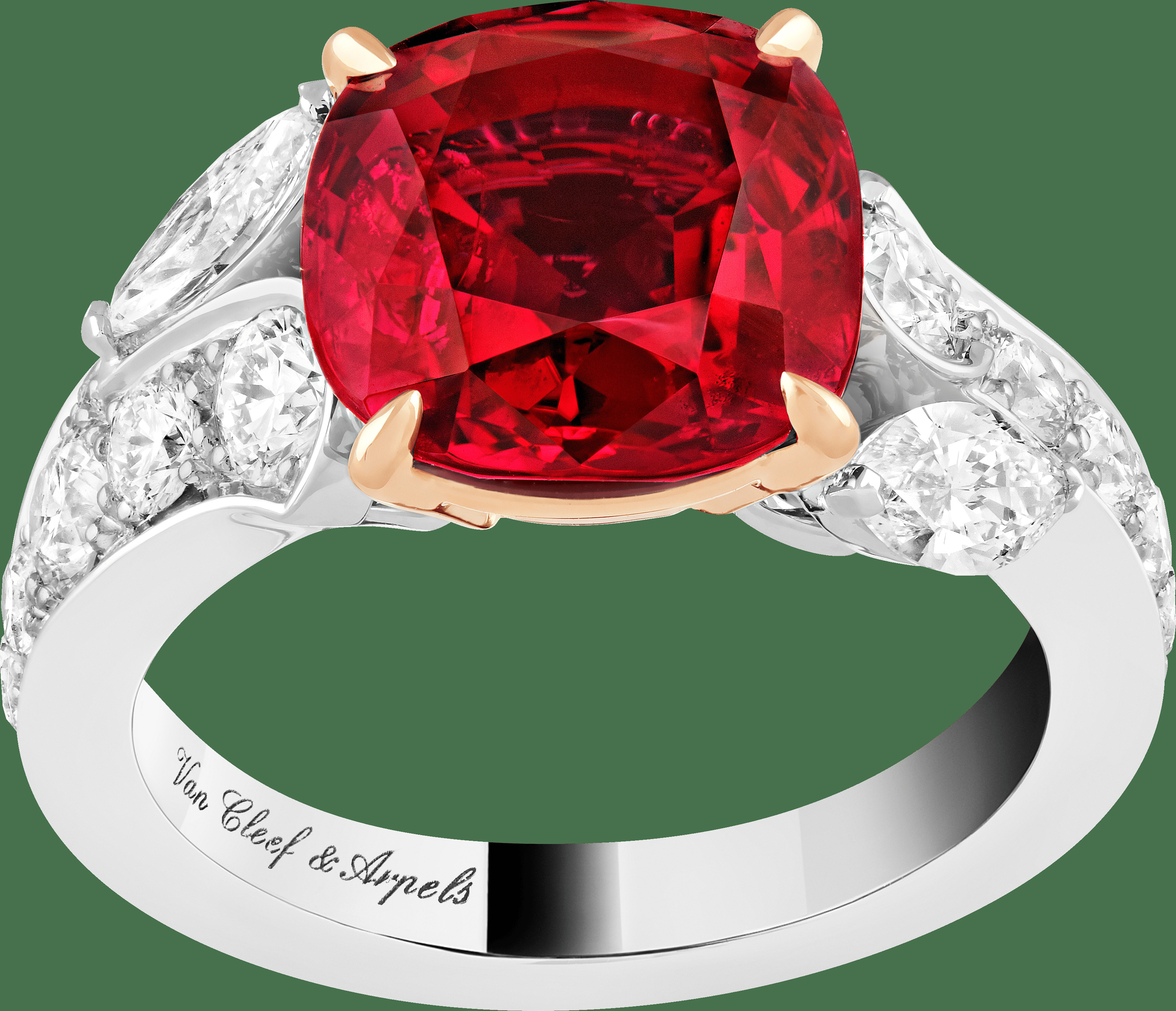 Кольцо-солитер Jasmin, платина, розовое золото, бриллианты круглой огранки и огранки «маркиза», рубин огранки «кушон» 4,96 карата