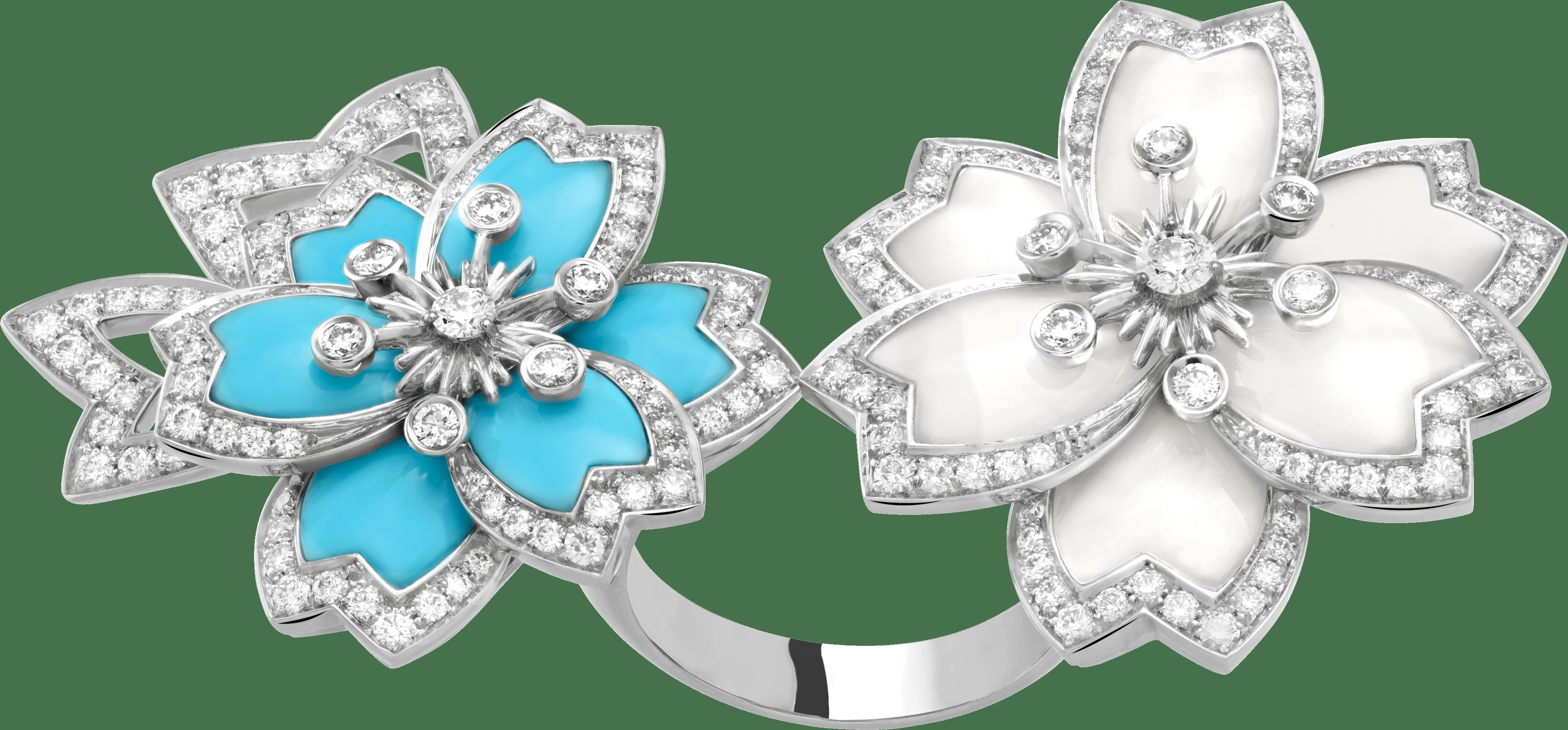 Кольцо Hellébore, белое золото, белый перламутр, бирюза, бриллианты