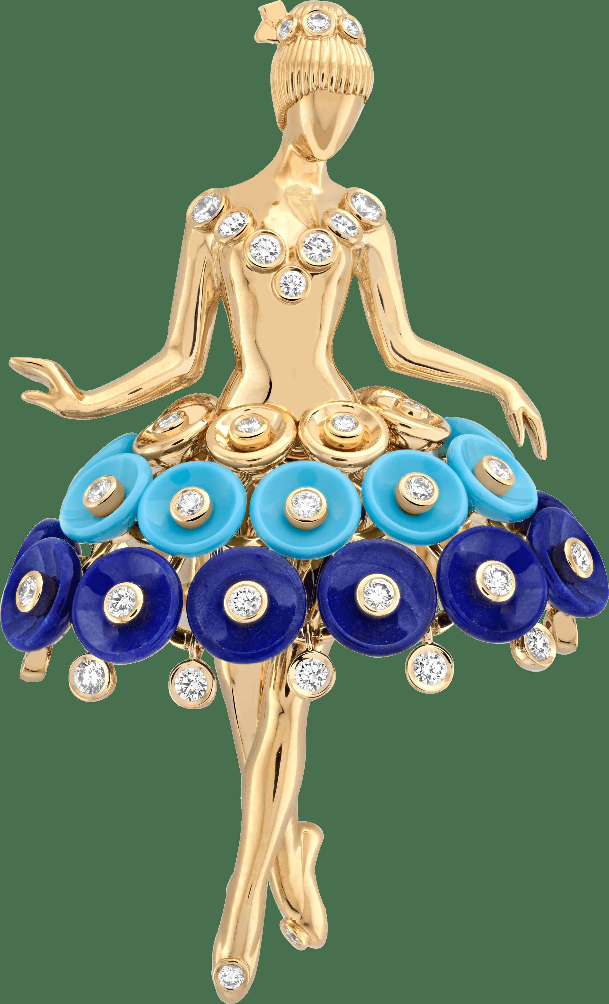Брошь-балерина Bouton d'or, желтое золото, лазурит, бирюза, бриллианты круглой огранки