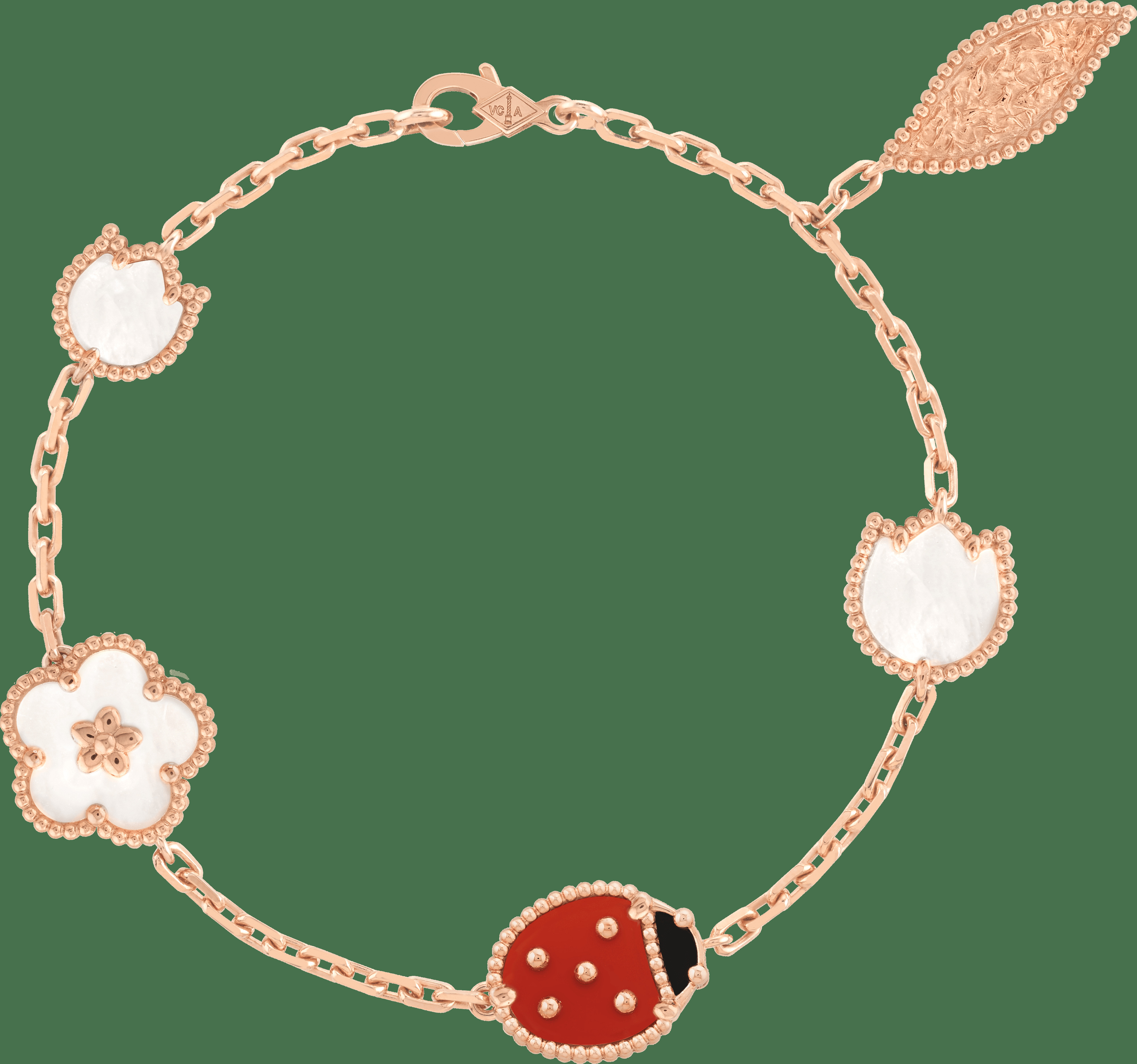 Браслет Lucky Spring, 5 мотивов, розовое золото, белый перламутр, сердолик, оникс
