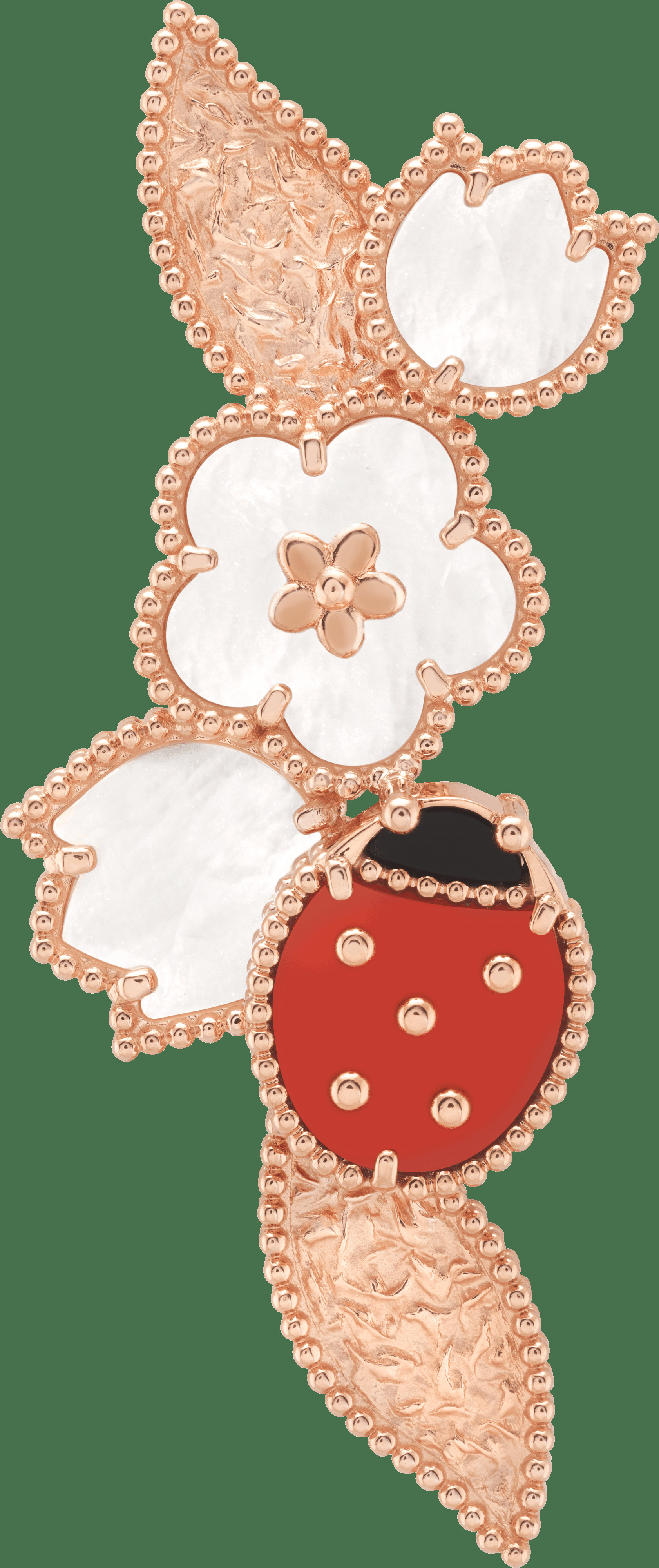 Брошь Lucky Spring, розовое золото, белый перламутр, сердолик, оникс.