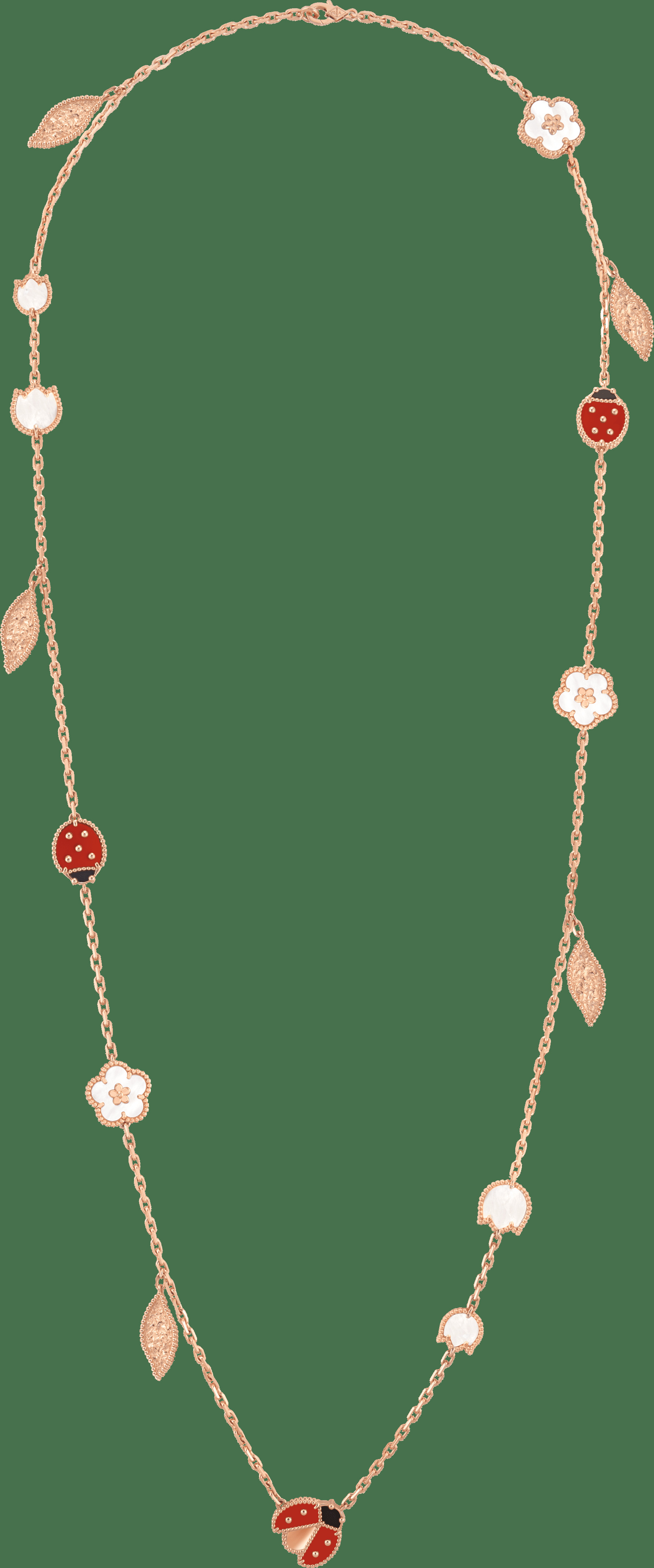 Длинное колье Lucky Spring, 15 мотивов, розовое золото, белый перламутр, сердолик, оникс