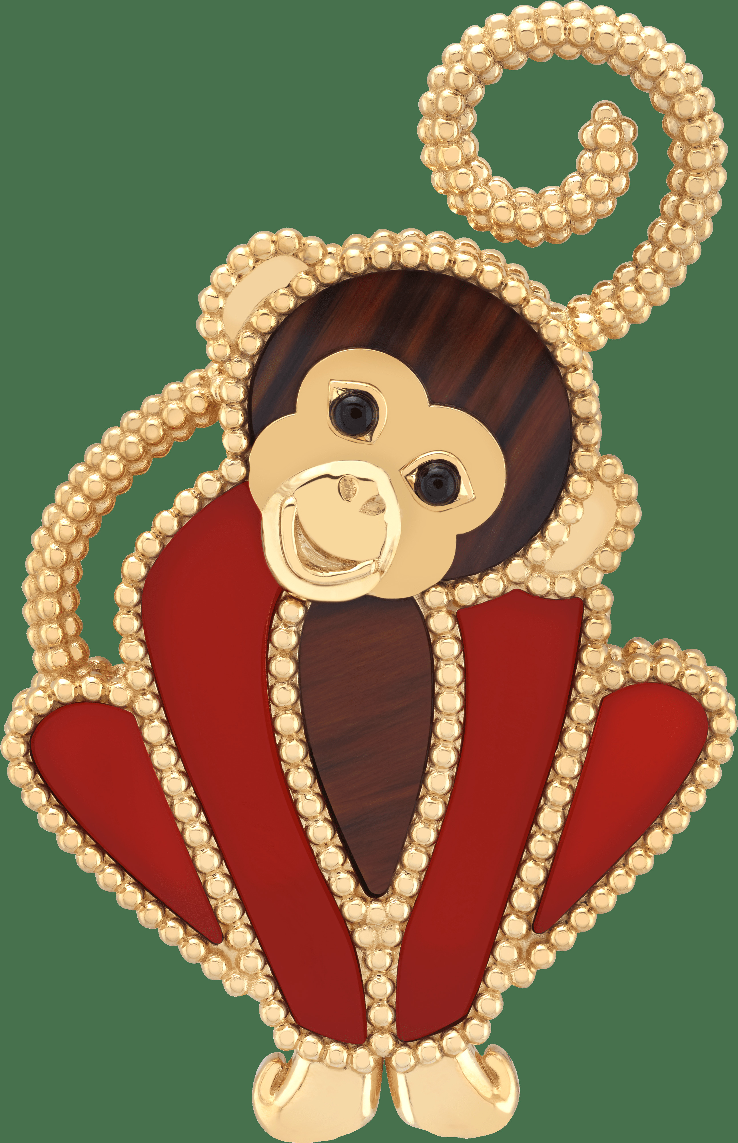 Брошь Lucky Animals Monkey, желтое золото, сердолик, обсидиан махагони, оникс.