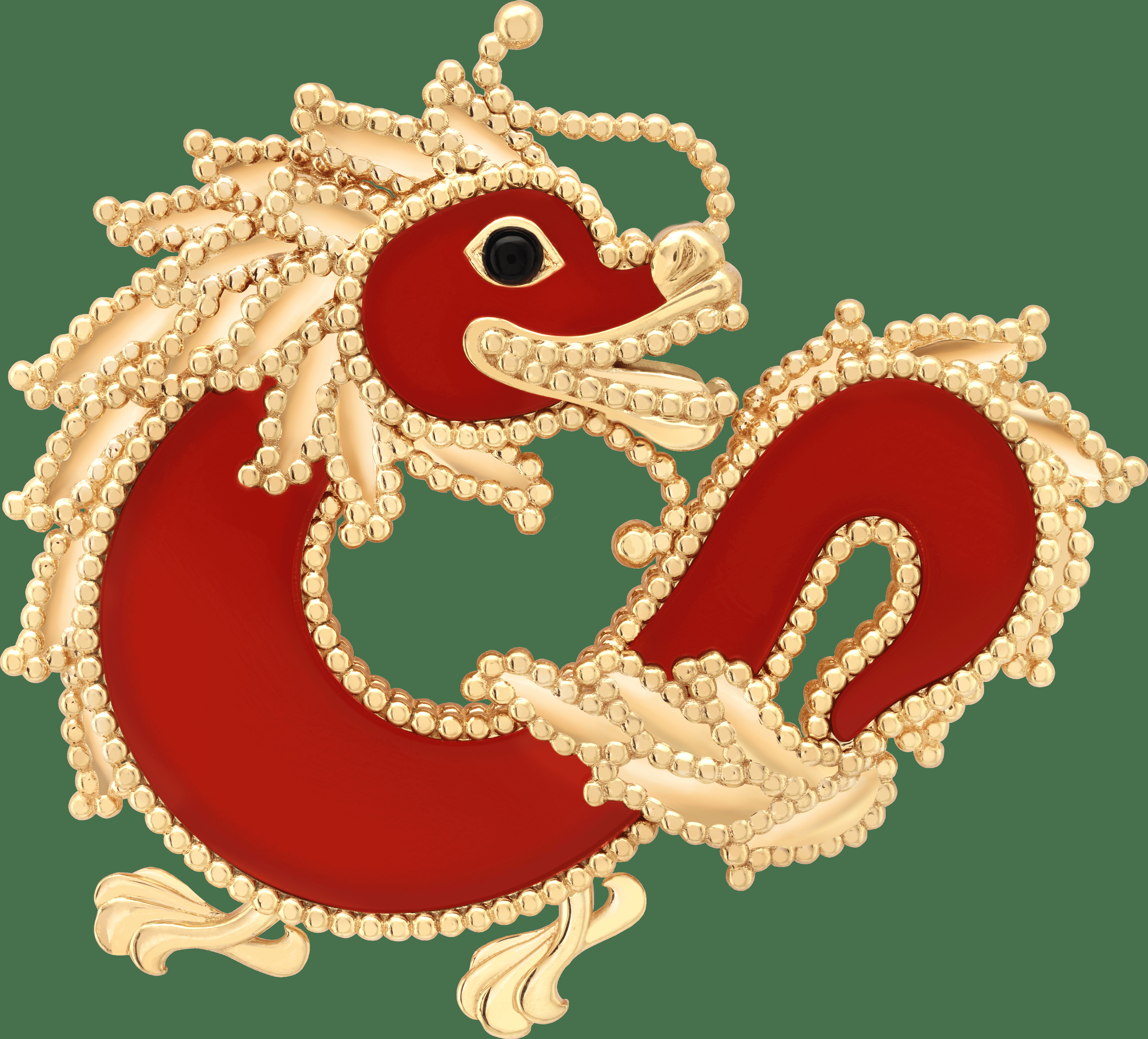 Брошь Lucky Animals Dragon, желтое золото, сердолик, оникс