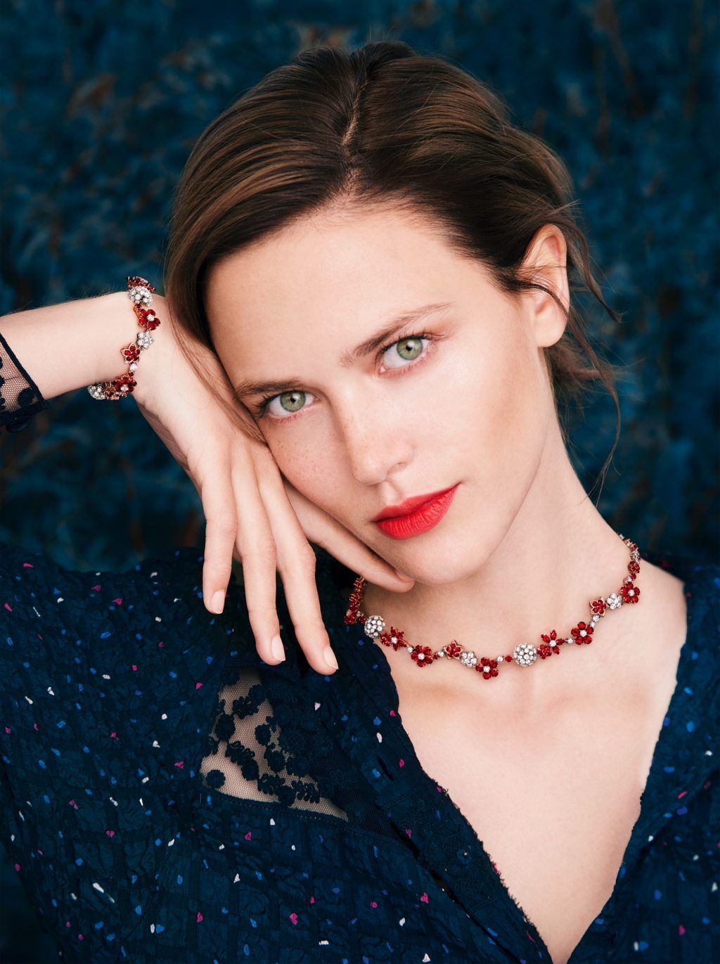 Folie des Prés necklace and bracelet, Rose gold, Diamond, Ruby, Van Cleef & Arpels