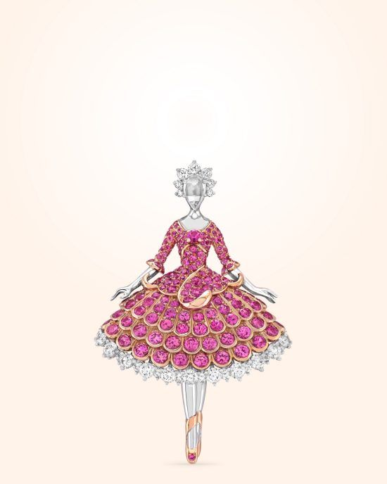 Pink warbler ballerina clip, Rose gold, white gold, pink sapphires, diamonds. Feminine figures collection, Van Cleef & Arpels