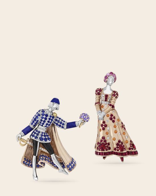 Romeo & Juliet clips, Rose gold, white gold, yellow gold, rubies, colored sapphires, spessartite garnets, lapis lazuli, white and yellow diamonds, cover. Romeo & Juliet collection, Van Cleef & Arpels