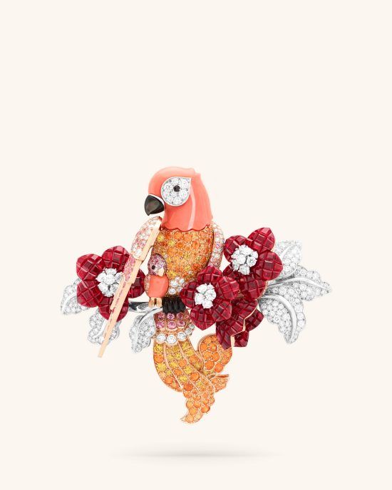 Sous Son aile clip, rose gold, white gold, Traditional Mystery Set rubies, pink and yellow sapphires, spessartite garnets, black spinels, onyx, coral, gray mother-of-pearl, diamonds. Le Secret collection, Van Cleef & Arpels