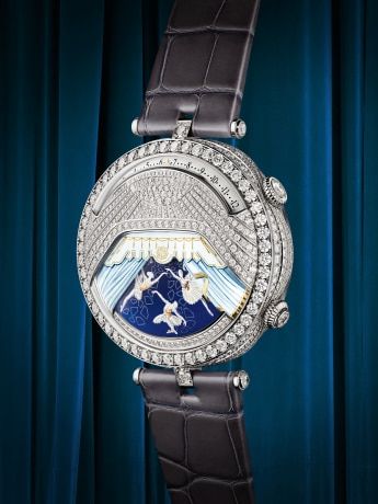 Lady Arpels Ballerine Musicale Diamant watch, white gold, diamonds, miniature painting, manual-winding mechanical movement with retrograde time indication, on-demand musical animation. Poetic Complications Collection, Van Cleef & Arpels