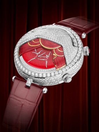 Lady Arpels Ballerine Musicale Rubis watch, white gold, ruby, diamonds, miniature painting, manual-winding mechanical movement with retrograde time indication, on-demand musical animation. Poetic Complications Collection, Van Cleef & Arpels