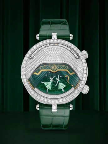 Lady Arpels Ballerine Musicale Emeraude watch, white gold, emerald, diamonds, miniature painting, manual-winding mechanical movement with retrograde time indication, on-demand musical animation. Poetic Complications Collection, Van Cleef & Arpels.